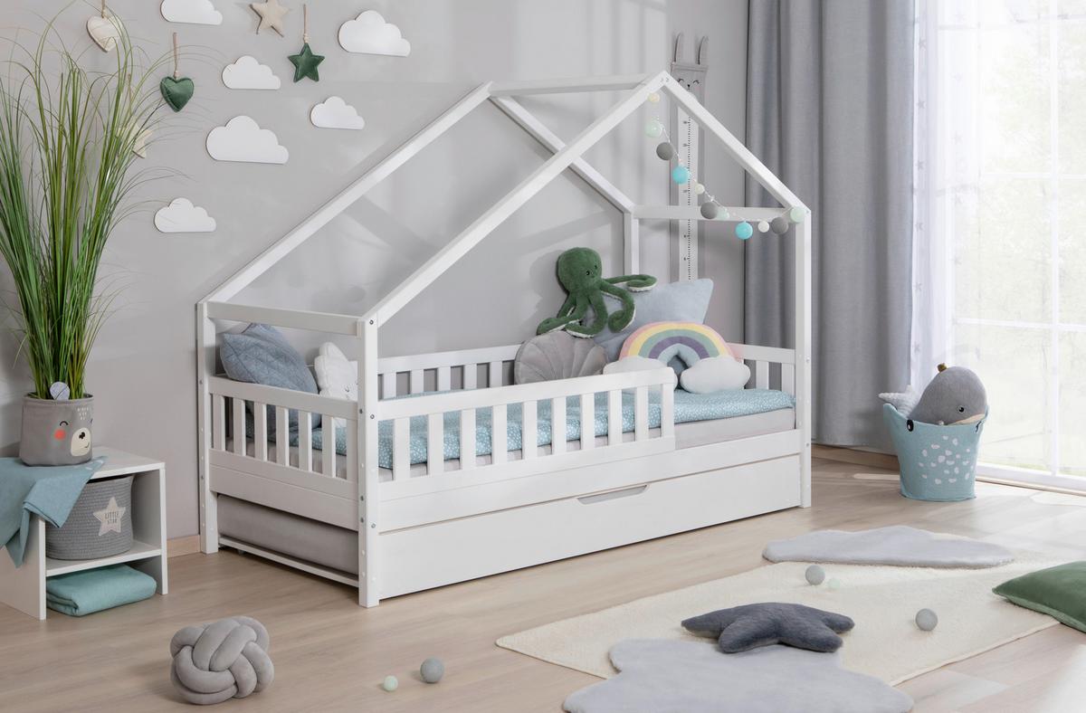Hausbett Lou m. Zusatzbett ca. 90x200 cm Holz Weiß - Weiß/Naturfarben, MODERN, Holz/Textil (90/200cm) - MID.YOU