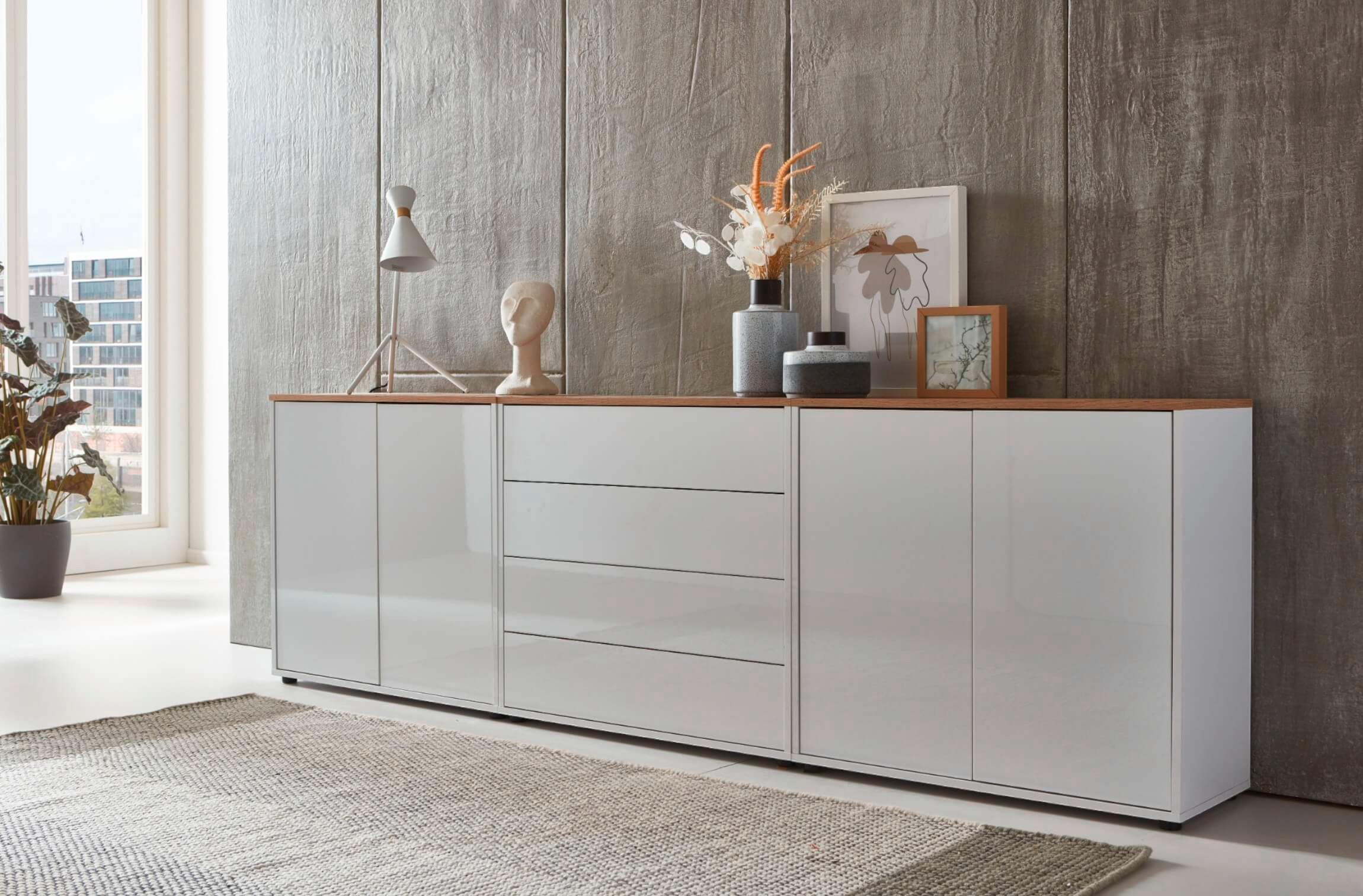 Sideboard Mailand Set 5 Weiß/Eiche - Weiß Hochglanz/Schwarz, MODERN, Holzwerkstoff/Kunststoff (237/73/33cm) - MID.YOU
