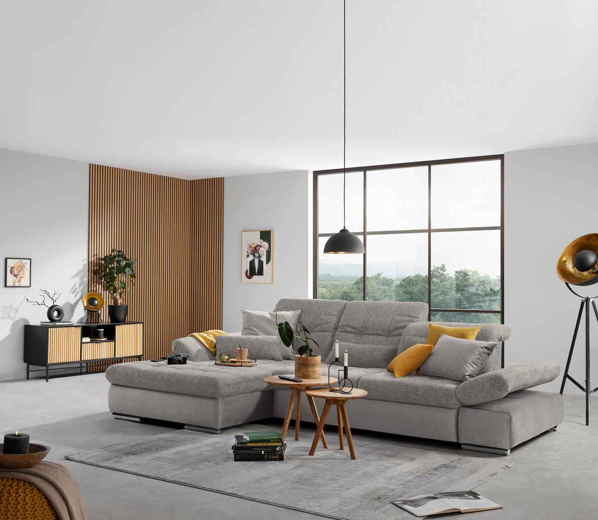Wohnlandschaft Sanfino Silberfarben - Chromfarben/Silberfarben, KONVENTIONELL, Holz/Textil (199/79-96/305cm) - Premium Living