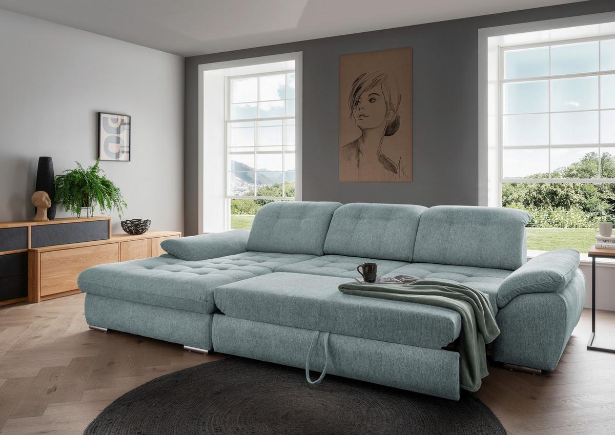 Ecksofa Rigatti mit Bettkasten ca. 184x314 cm Mint - Blau/Chromfarben, MODERN, Textil/Metall (184/314cm) - Livetastic