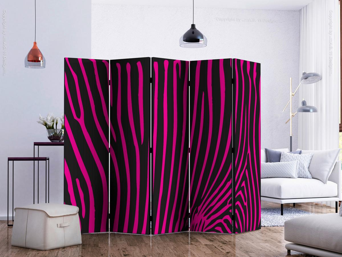 Paravan Zebra Pattern Pink I, 5-Delni, Dvostranski - pink/črna, Basics, tekstil/les (225/172/2cm) - artgeist