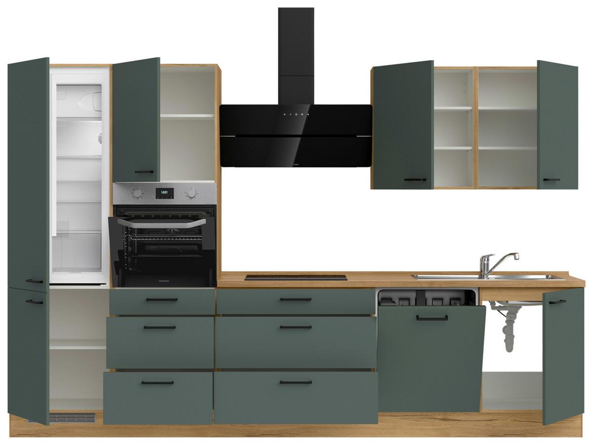 Küchenblock Easytouch High m. Geräten Dunkelgrün - Dunkelgrün/Eichefarben, MODERN, Holzwerkstoff/Metall (330cm) - Nobilia