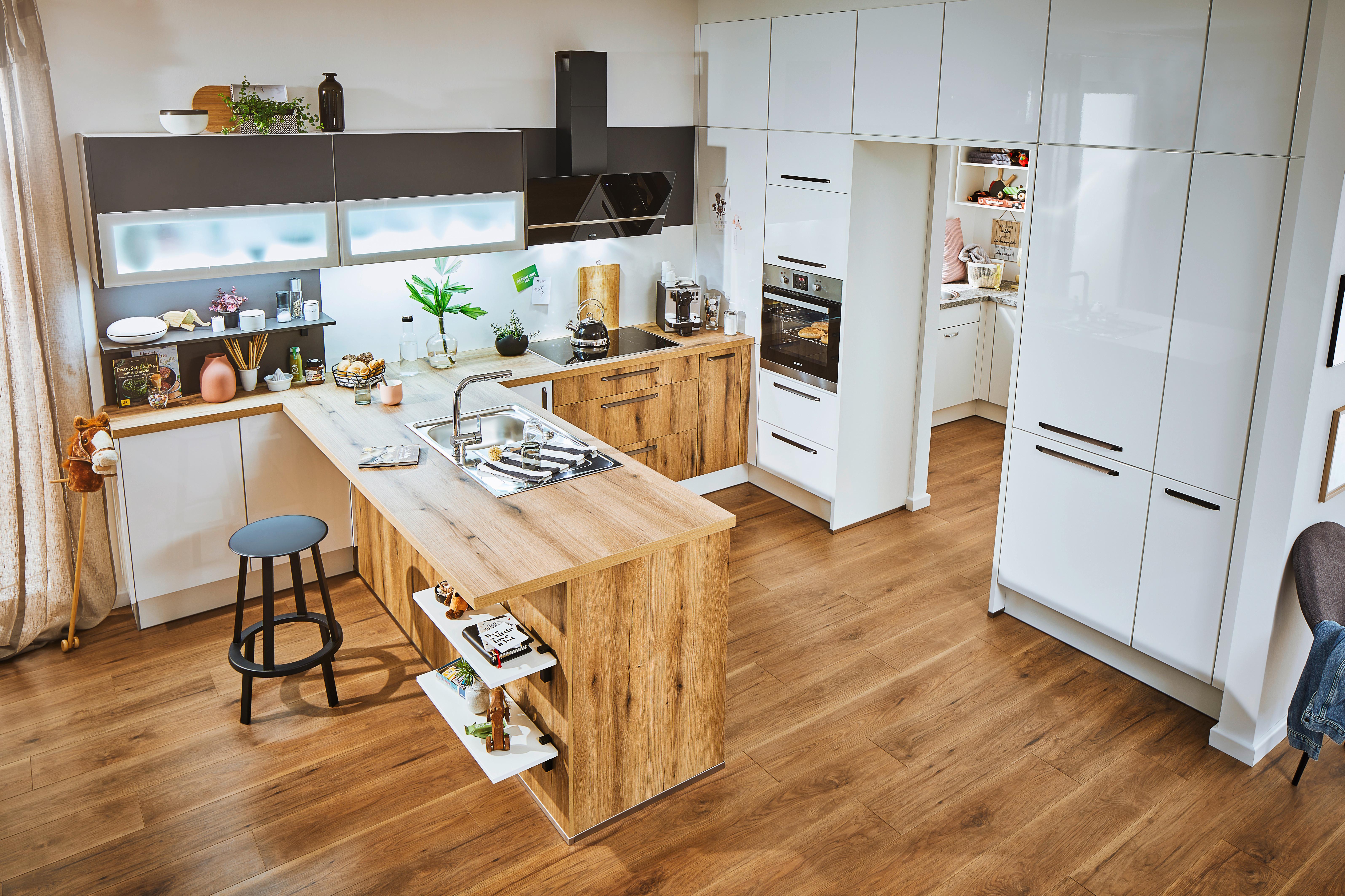 Einbauküche PN100/220 in Eichefarben/Weiß - Weiß hochglanz/Eichefarben, MODERN, Holzwerkstoff - Pino
