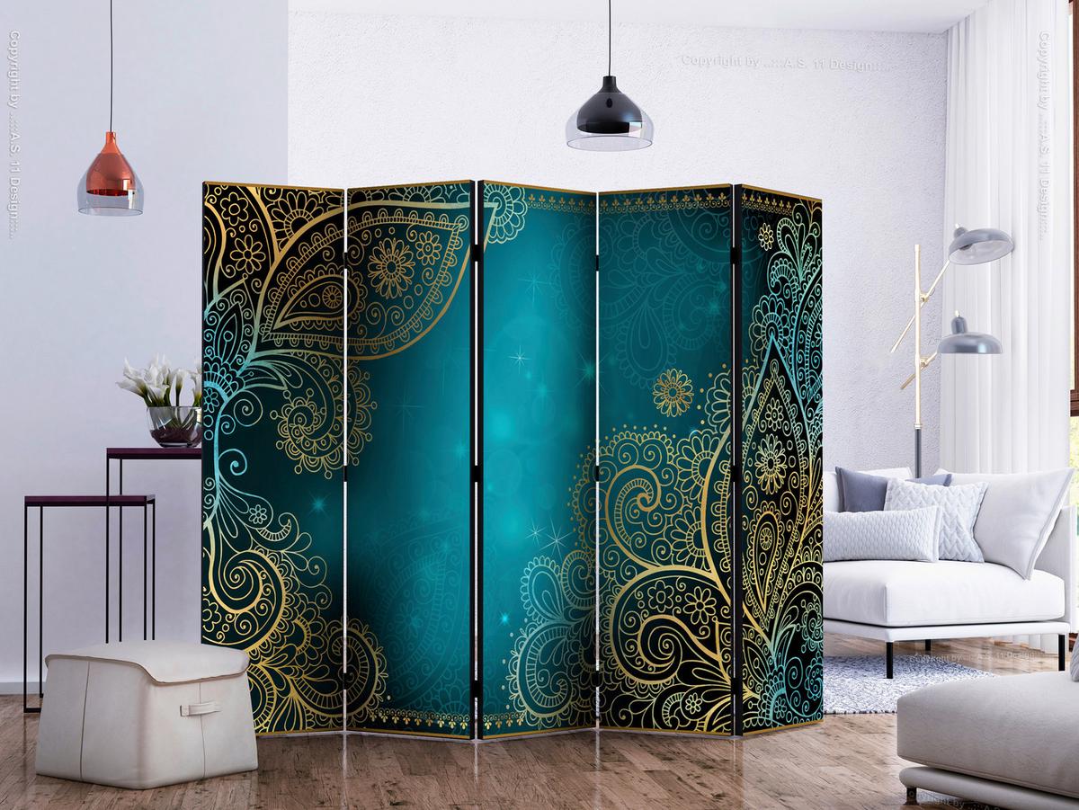 Paravan Oriental Wings I, 5-Delni, Enostranski - zlate barve/modra, Basics, tekstil/les (225/172/3cm) - artgeist