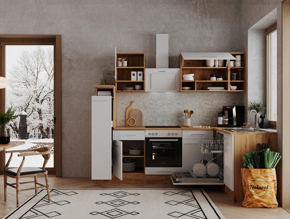 Eckküche Weiß/Eiche ca. 250x172 cm - Eichefarben/Weiß, Basics, Holzwerkstoff/Metall (250/172cm) - Respekta