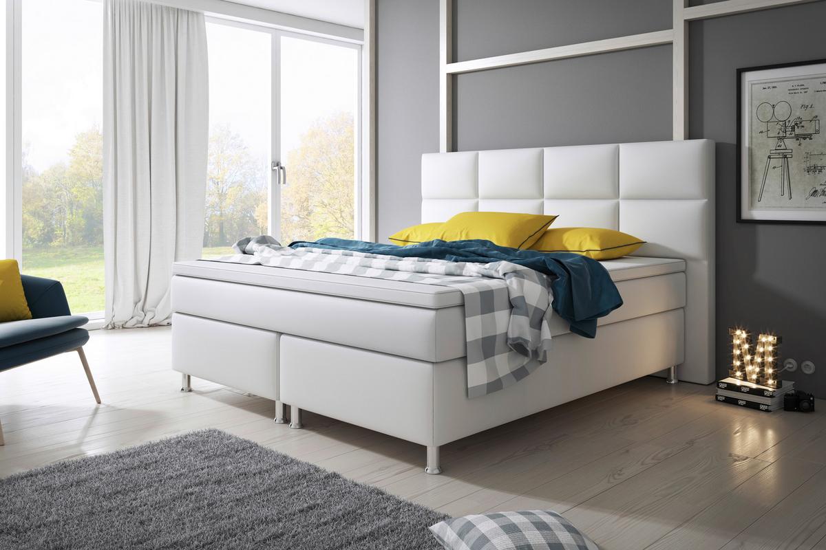 ŁÓŻKO BOXSPRING MIAMI - kolor srebrny/biały, Konventionell, skóra/metal (180/200cm) - MID.YOU
