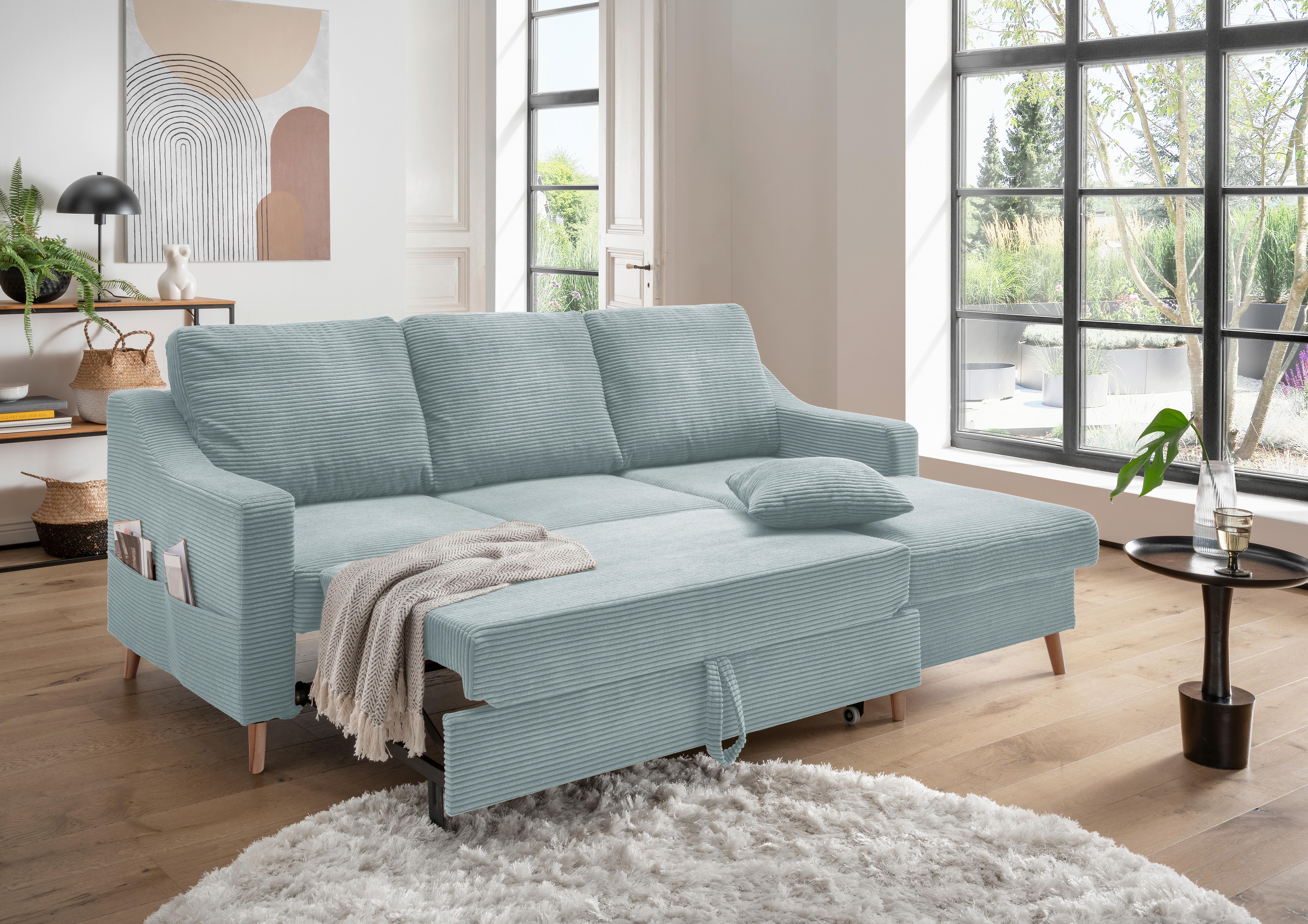 Ecksofa VALENTINA Cord ca. 228x150 cm Hellgrau - Naturfarben/Hellblau, Design, Holz/Textil (228/150cm) - P & B