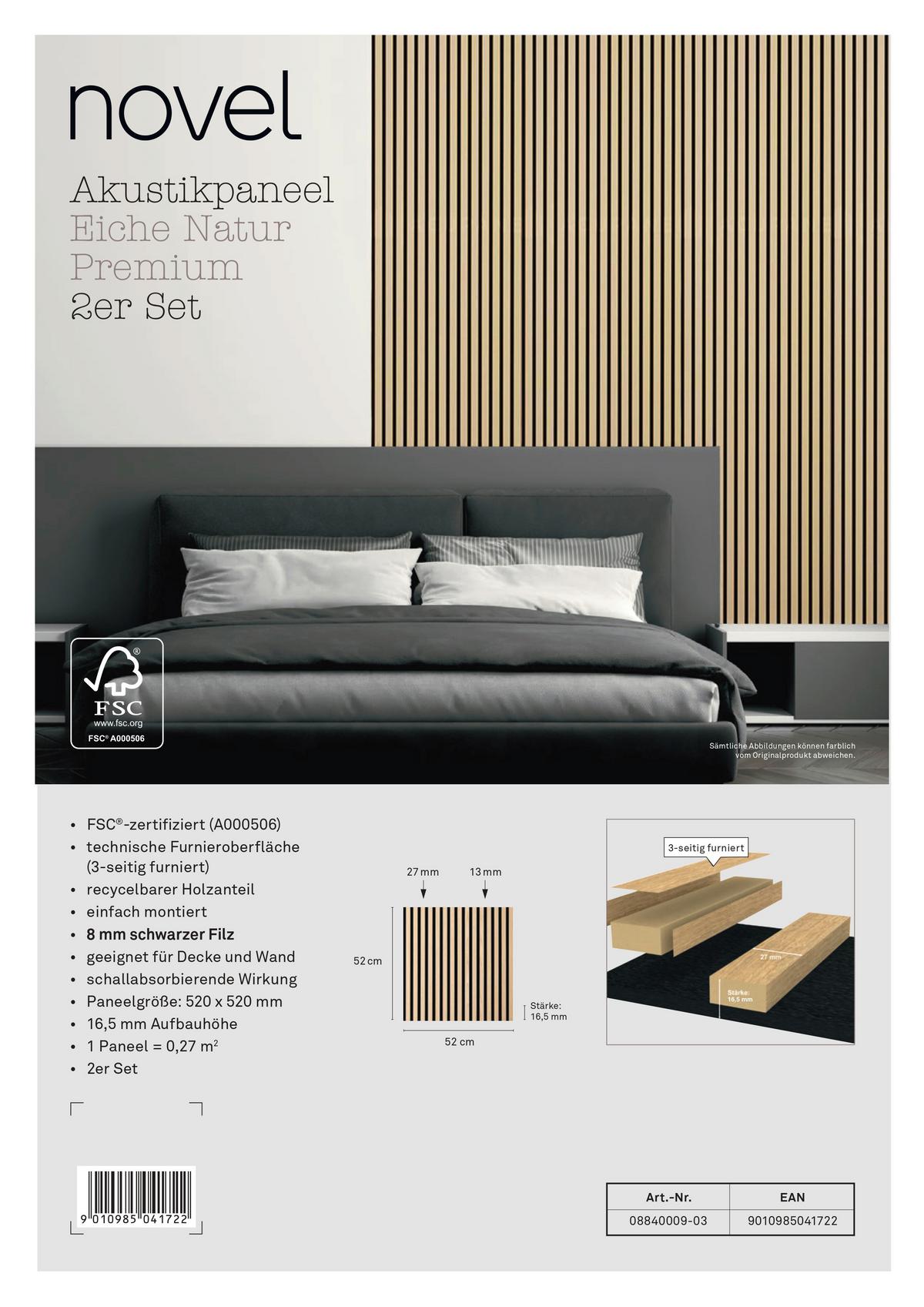 PANEL AKUSTYCZNY EICHE NATUR PREMIUM - kolor dębowy/beżowy, Konventionell, materiał drewnopochodny (52,5/52,5/1,65cm) - Novel