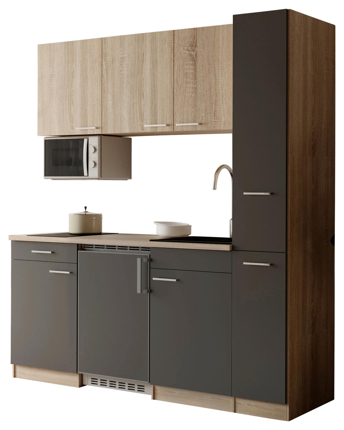Küchenblock Ingrid m. Geräten Grau - Eichefarben/Alufarben, Design, Holzwerkstoff/Kunststoff (180cm) - Respekta