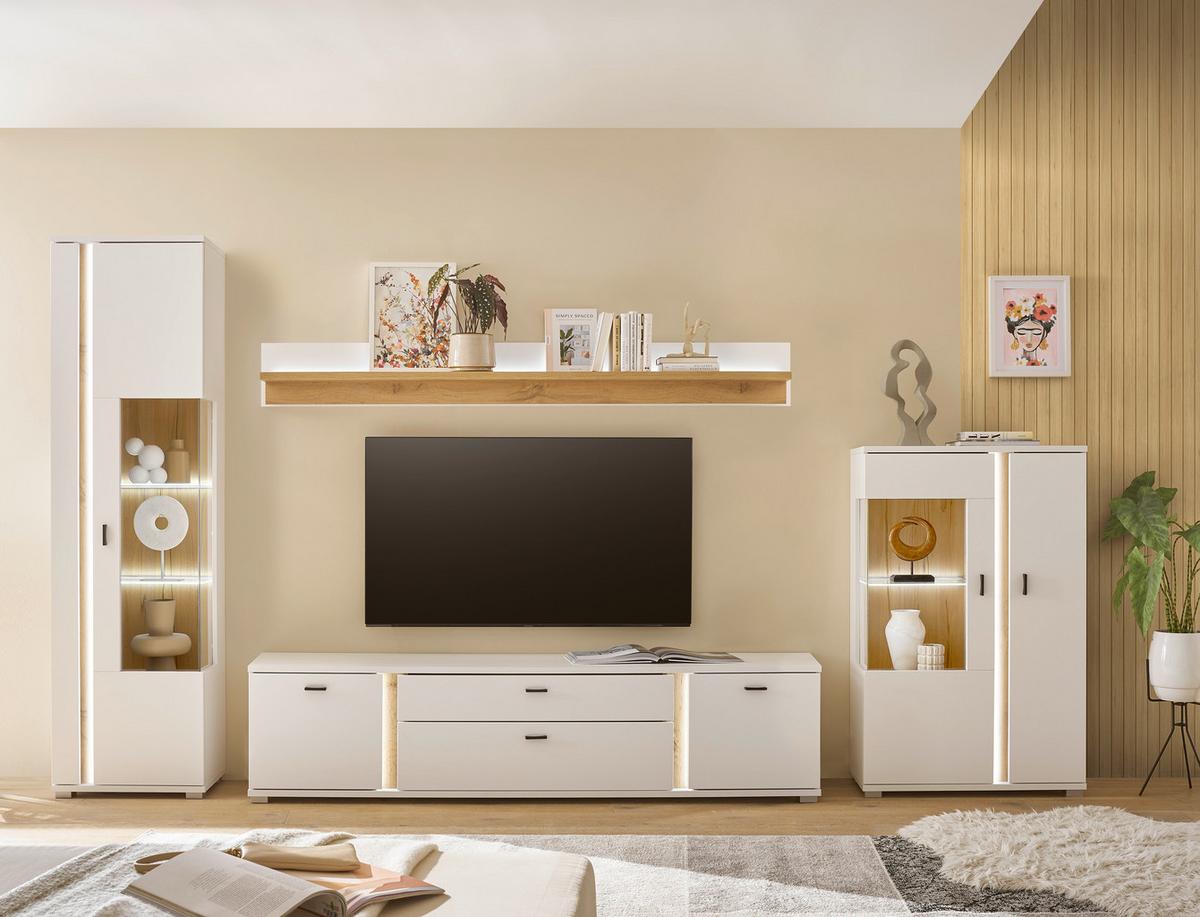 WOHNWAND LONG ISLAND - Eiche Wotan/Silberfarben, Design, Glas/Holzwerkstoff (355/200/42cm) - MID.YOU