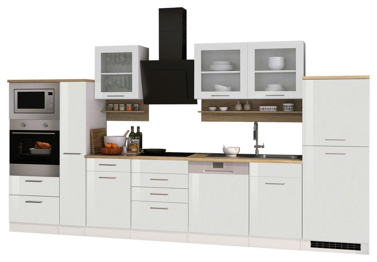 Küchenblock Mailand m. Geräten Weiß Hochglanz - Weiß Hochglanz/Silberfarben, MODERN, Glas/Holzwerkstoff (370cm) - Held