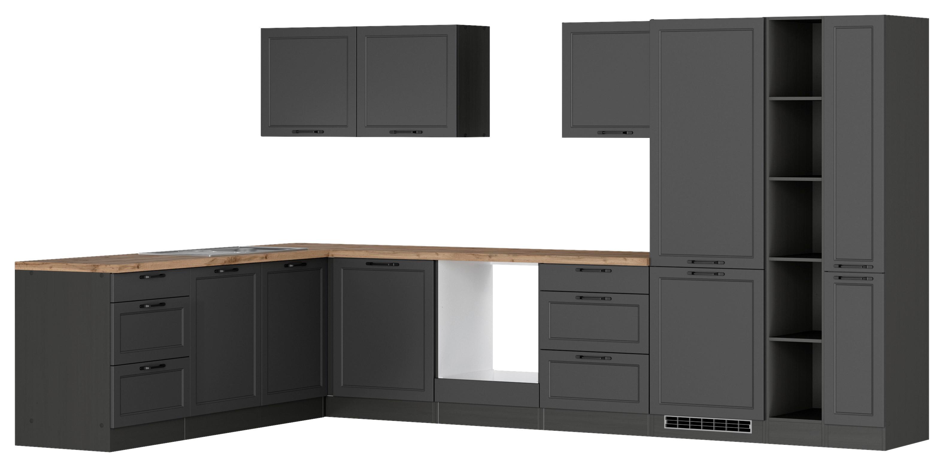 Eckküche Meran ohne Geräte ca. 240x360 cm Grau/Eiche - Eiche Wotan/Schwarz, LIFESTYLE, Holzwerkstoff/Metall (240/360cm) - Held