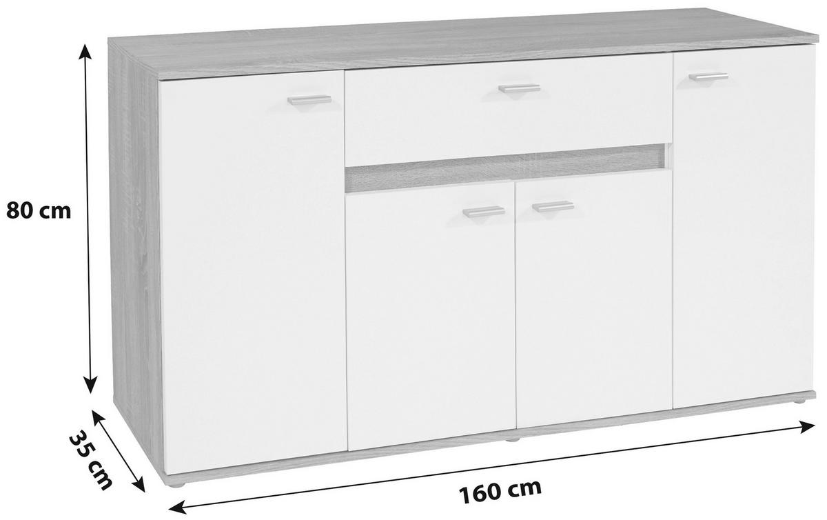 Komód 4 Ajtó 1 Fiók Carmen - Sonoma tölgy/alumíniumszínű, Modern, műanyag/faalapú anyag (160/80/35cm)