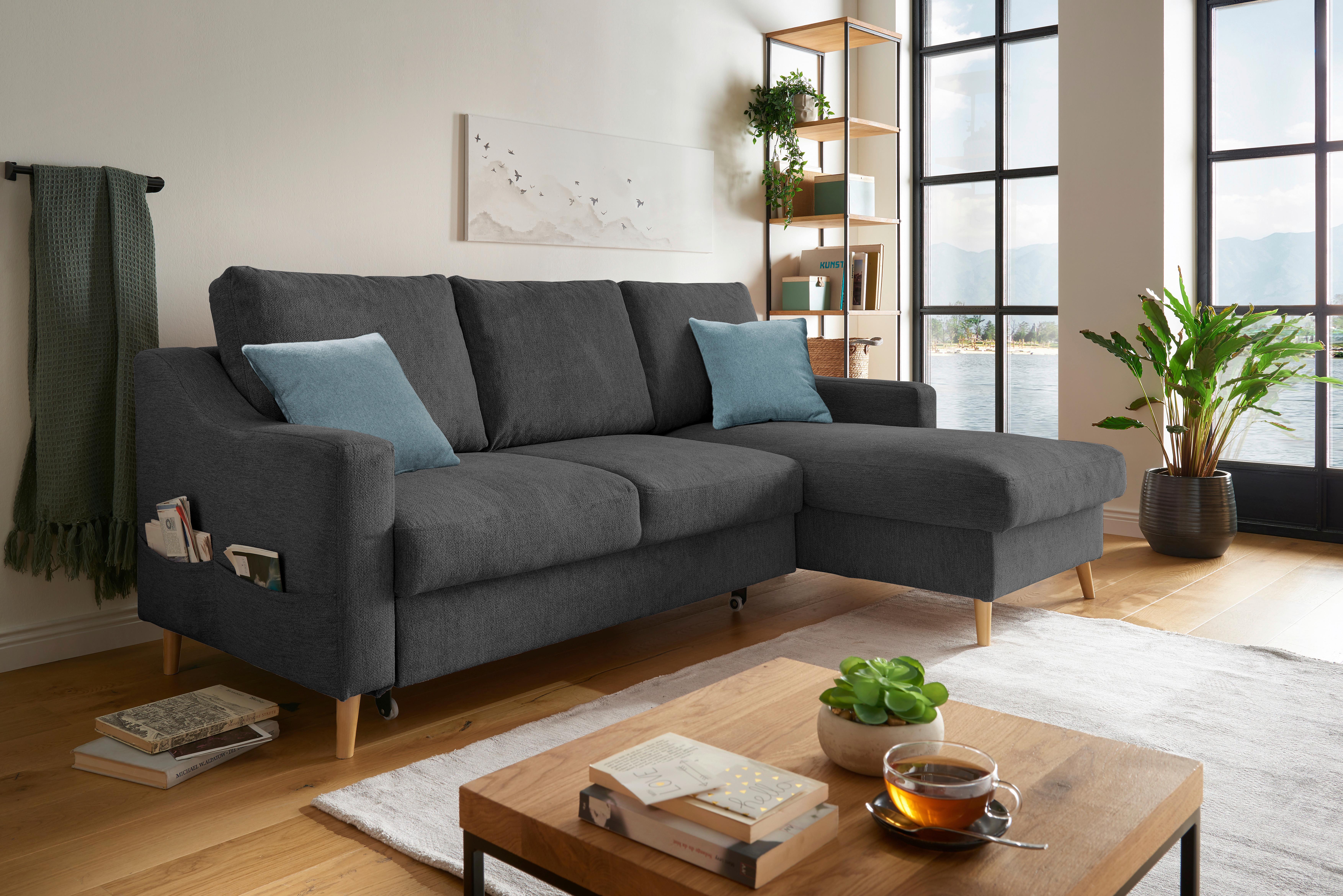 Wohnlandschaft Valentina Schwarz Mikrofaser - Blau/Schwarz, Design, Holz/Textil (228/150cm) - MID.YOU