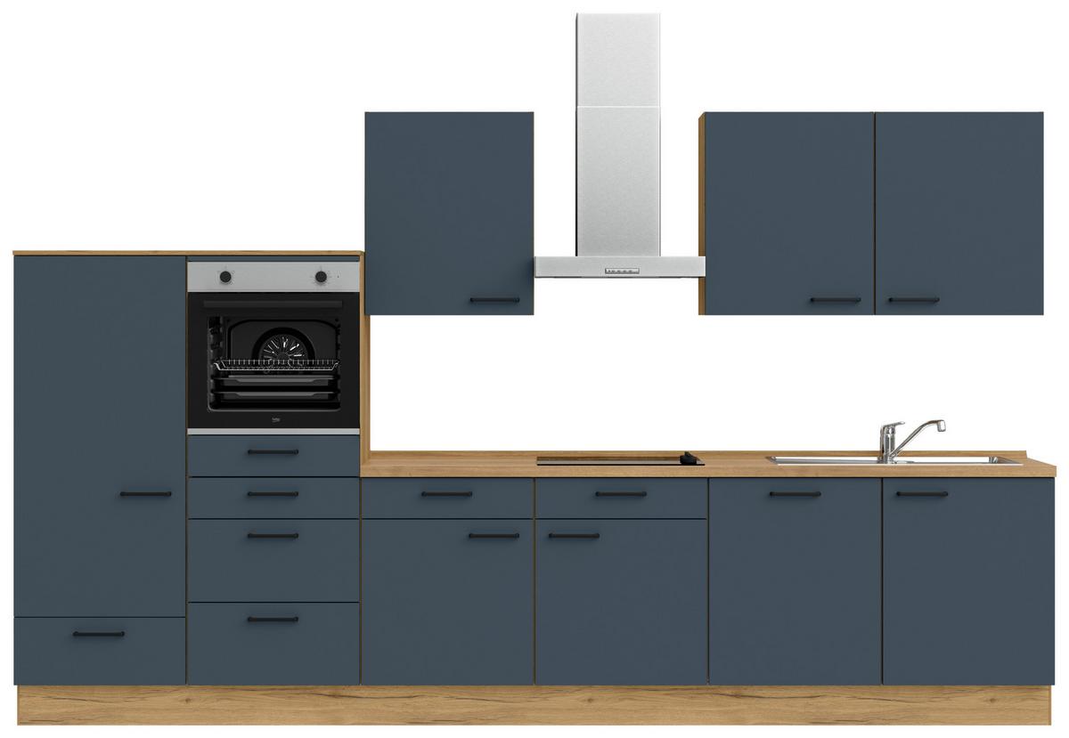 Küchenblock Easytouch Low m. Geräten Blau - Blau/Eichefarben, MODERN, Holzwerkstoff/Metall (360cm) - Nobilia