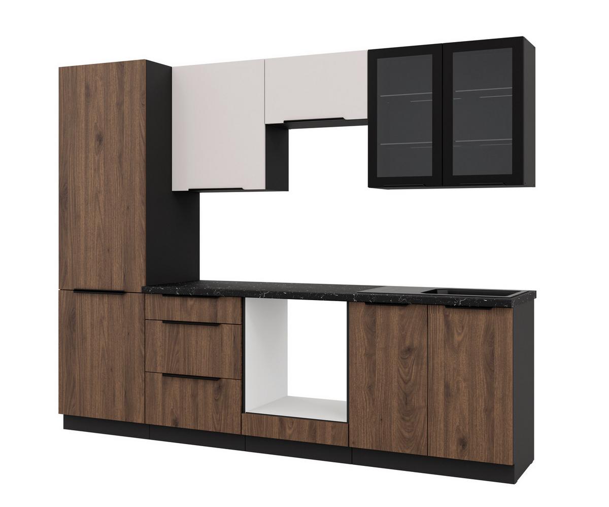 Bucatarie fara electrocasnice MONZA/ARONA - cașmir/culoare lemn de nuc, Modern, sticlă/material pe bază de lemn (260/210/60cm) - Modern Living