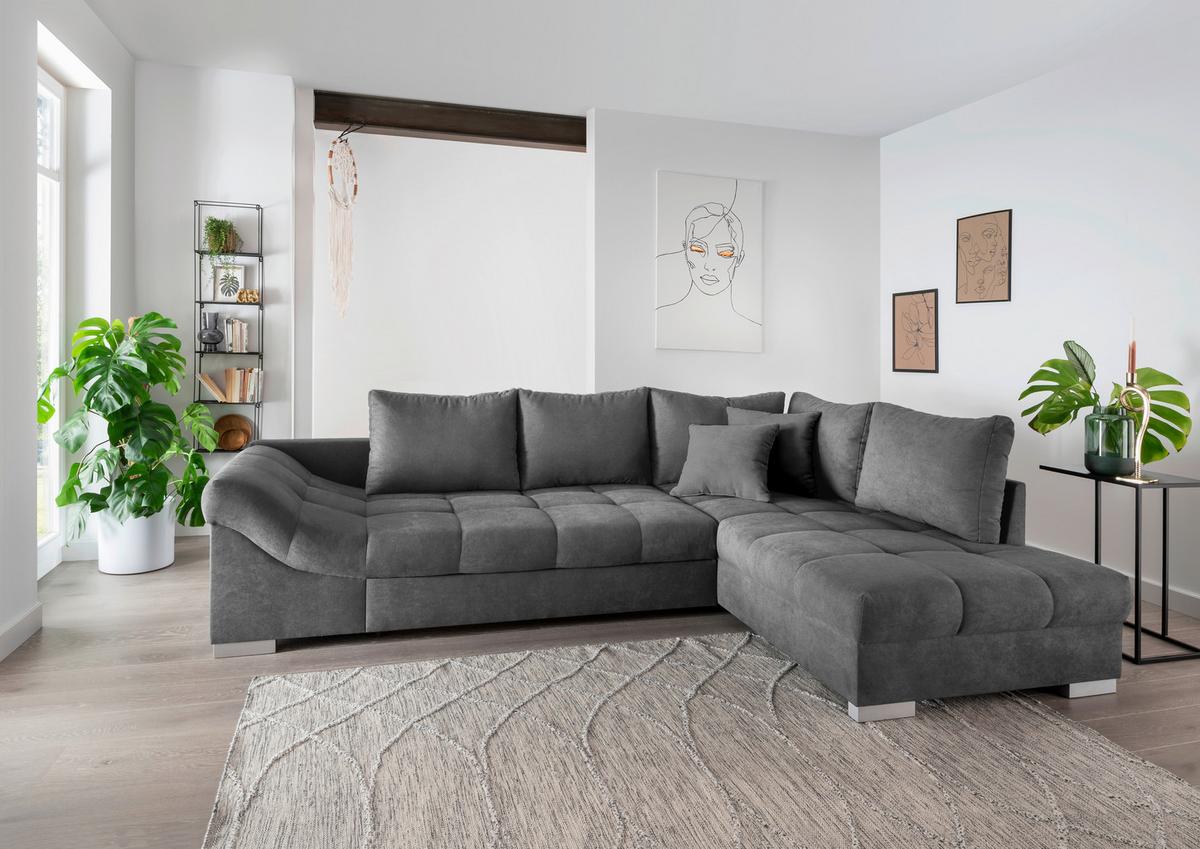 Wohnlandschaft Alvito Dunkelgrau Nylon/Mikrofaser - Dunkelgrau/Silberfarben, Design, Holz/Textil (298/202cm) - MID.YOU