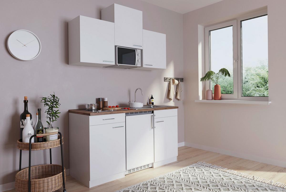Miniküche Economy m. Geräten Weiß/Nussbaum B: ca. 150 cm - Edelstahlfarben/Nussbaumfarben, Basics, Holzwerkstoff/Kunststoff (150cm) - Respekta