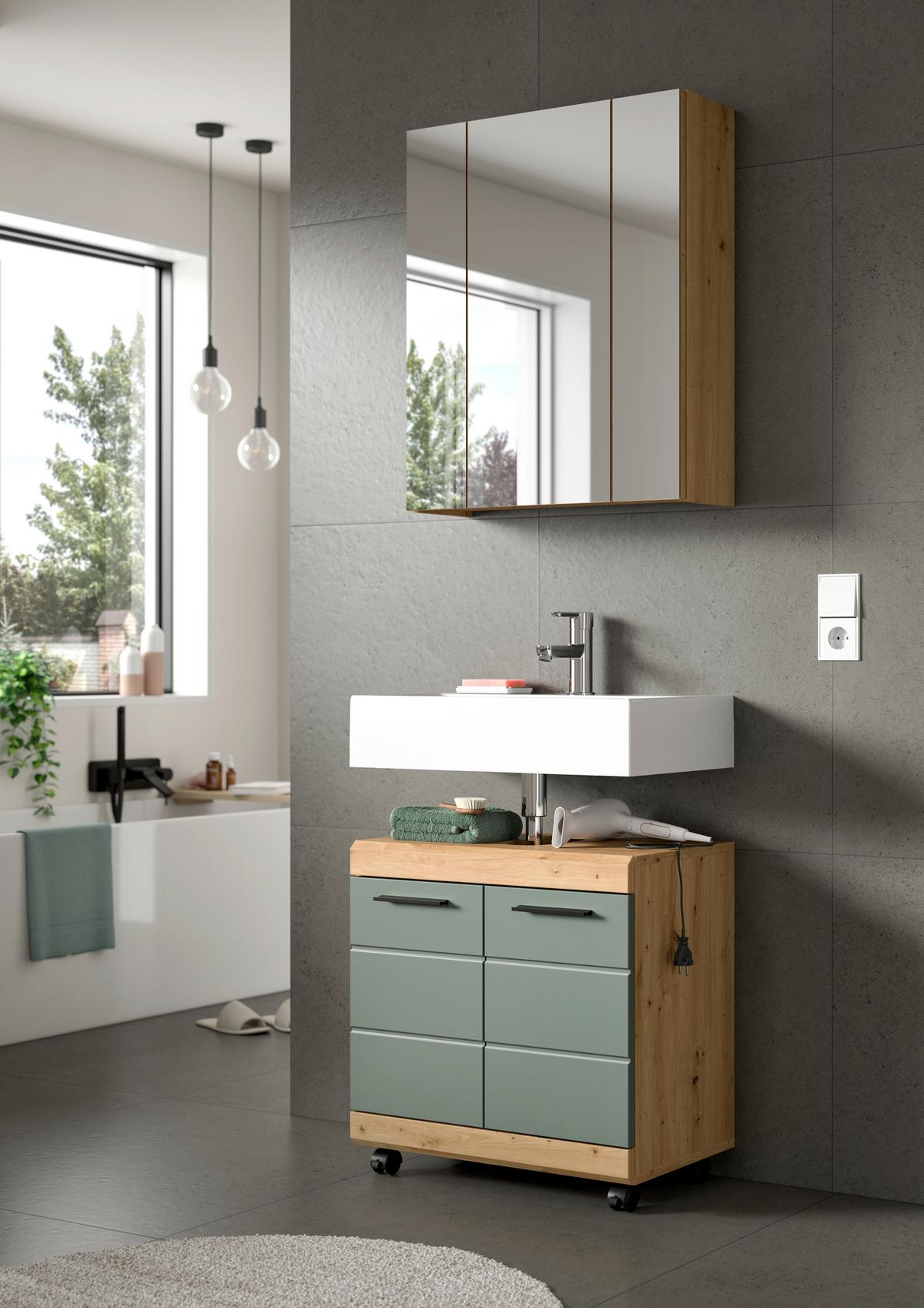 Waschbeckenunterschrank Scout Salbeigrün/Eiche Artisan - Salbeigrün/Schwarz, Trend, Holzwerkstoff/Kunststoff (60/60/34cm) - MID.YOU
