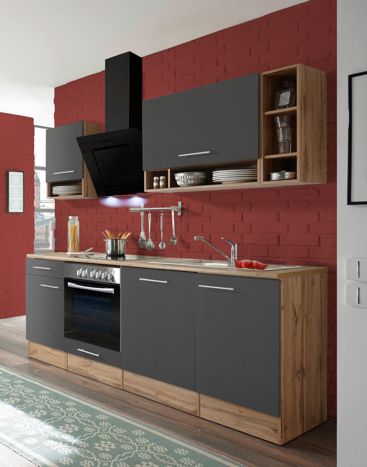 Küchenzeile ohne Geräte B: 220 cm Grau/Wildeiche - Wildeiche/Silberfarben, Basics, Holzwerkstoff/Metall (220cm) - Respekta