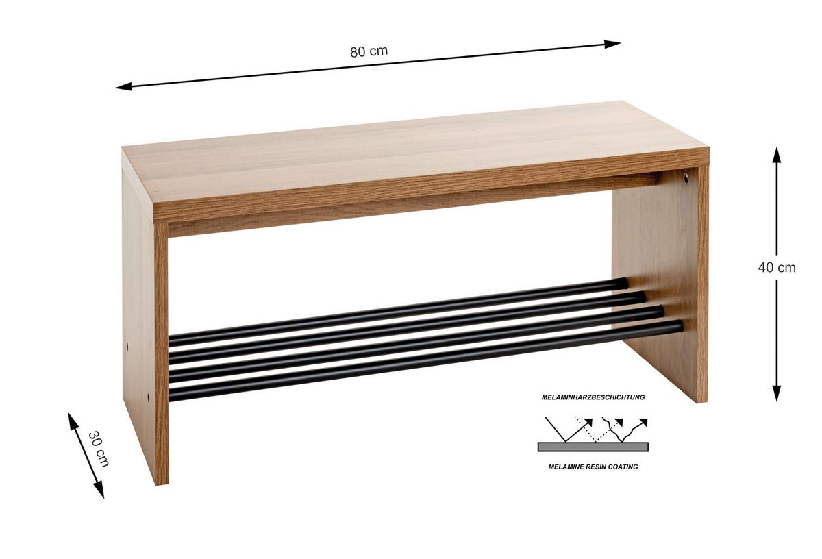 Garderobenbank Parma 10 in Schwarz/Eichefarben - Eichefarben/Schwarz, Modern, Holzwerkstoff/Metall (80/40/30cm) - Mömax