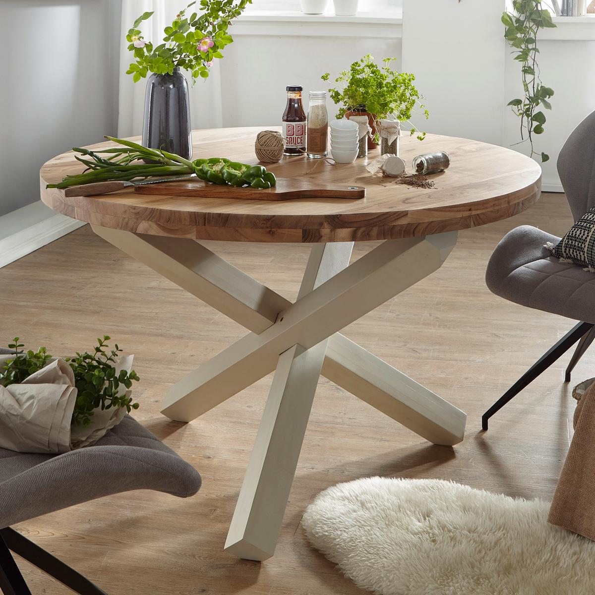 Jedilna Miza Boha, Pravi Les, Ø 120cm - bela/barve akacije, Design, les (120/75cm) - MID.YOU