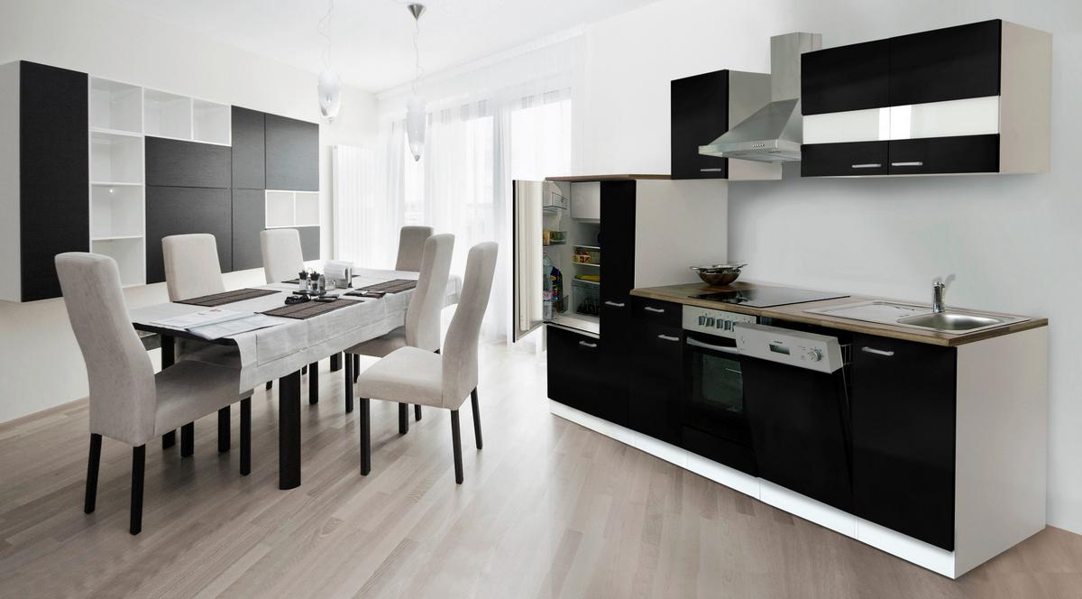 Küchenzeile Economy m. Geräten Schwarz/Nussbaum B: ca. 310 cm - Edelstahlfarben/Nussbaumfarben, Basics, Holzwerkstoff/Metall (310cm) - Respekta