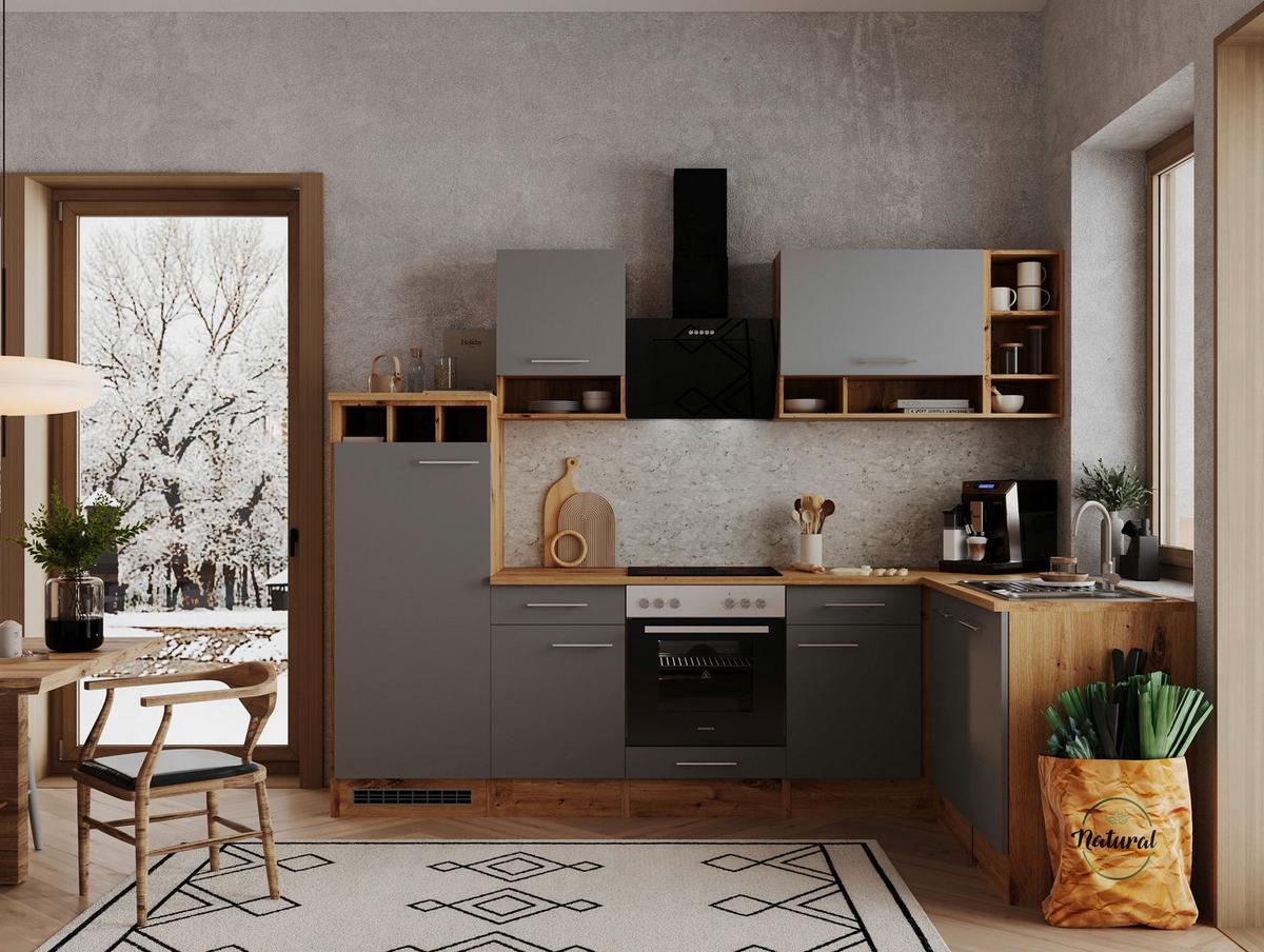 Eckküche Economy Grau/Wildeiche ca. 280x172cm - Wildeiche/Alufarben, Basics, Holzwerkstoff/Metall (280/172cm) - Respekta