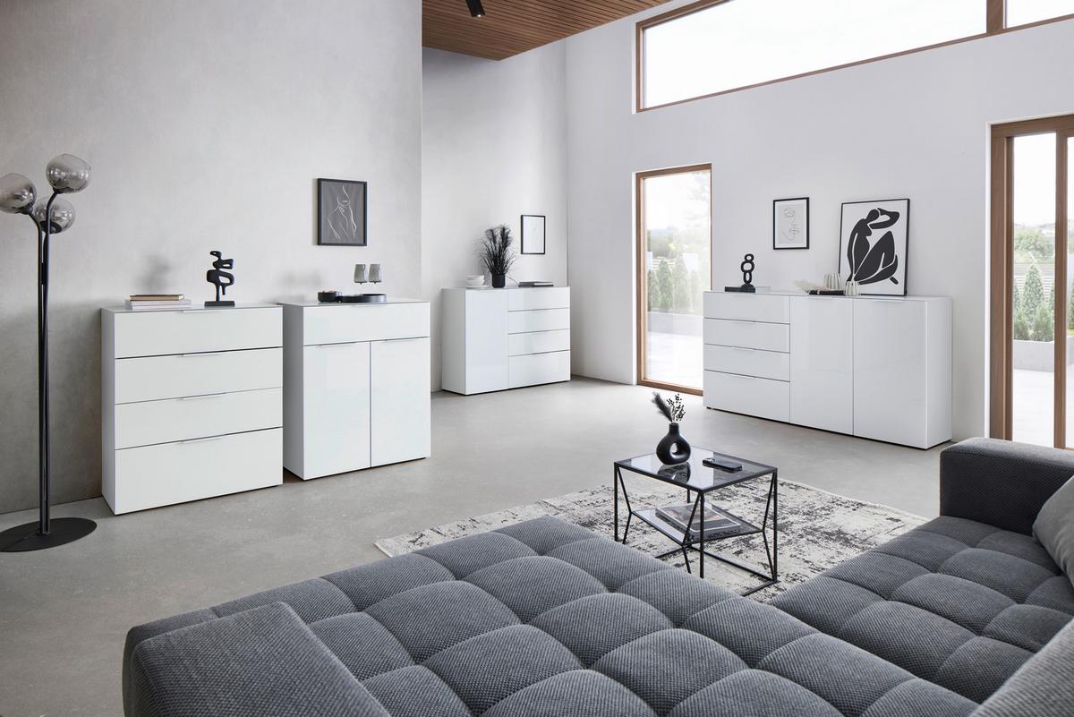 sideboard in Weiss - couleur chromée/noir, Modern, verre/métal (134/102/42cm) - Premium Living