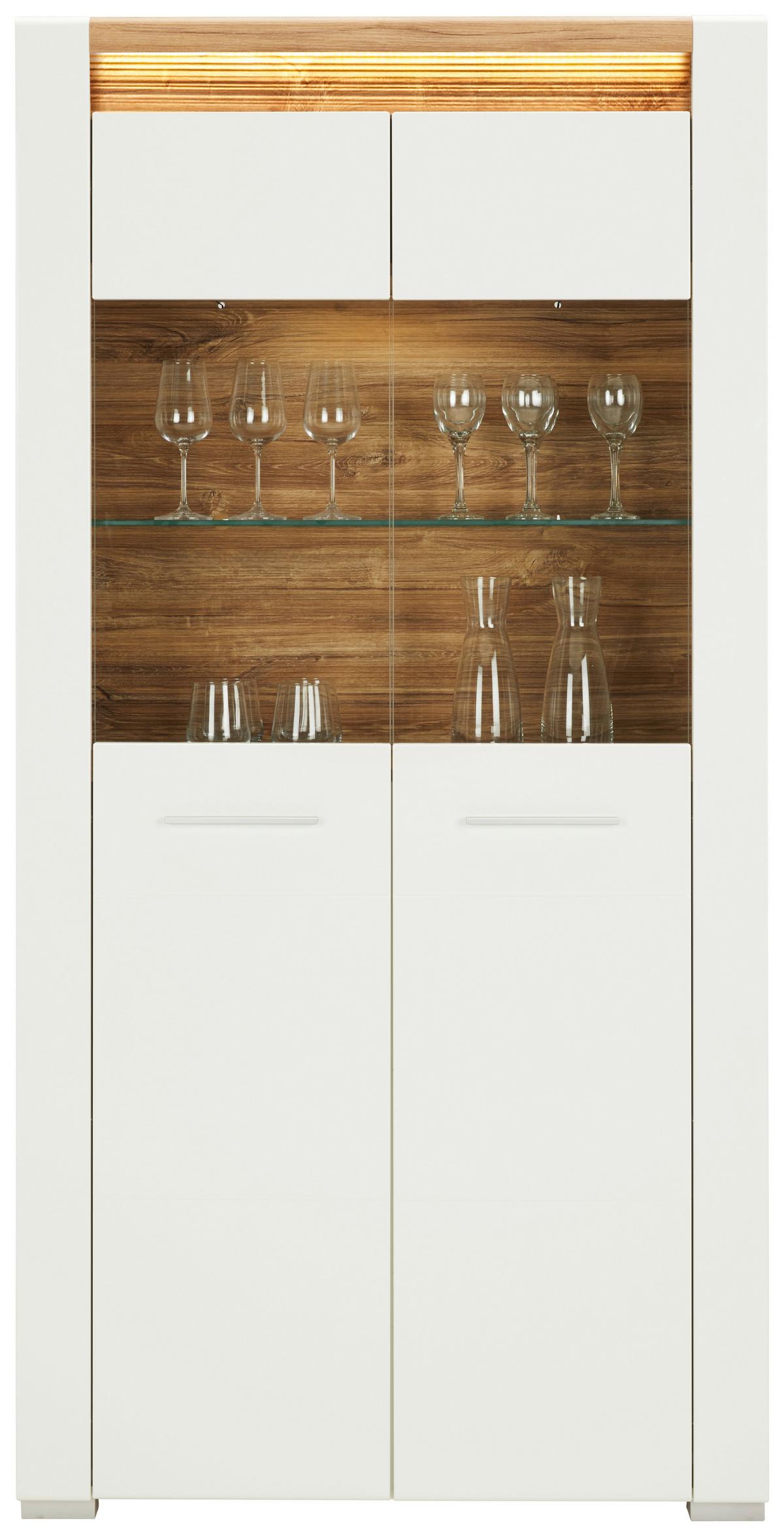 Vitrine in Weiß Hochglanz - Chromfarben/Eichefarben, MODERN, Glas/Holzwerkstoff (100/201/40cm) - Mömax