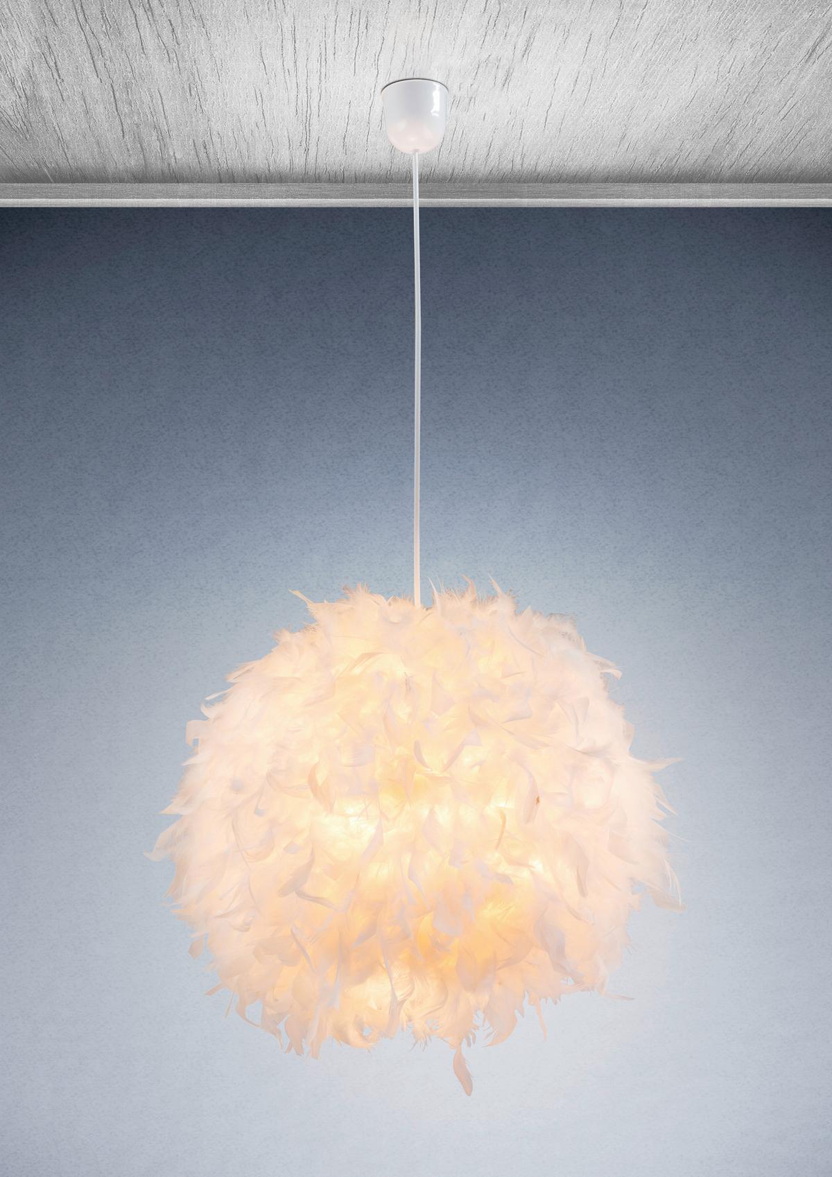 Függőlámpa Valódi Tollakkal - fehér, Konventionell, műanyag/természetes anyagok (45/120cm)