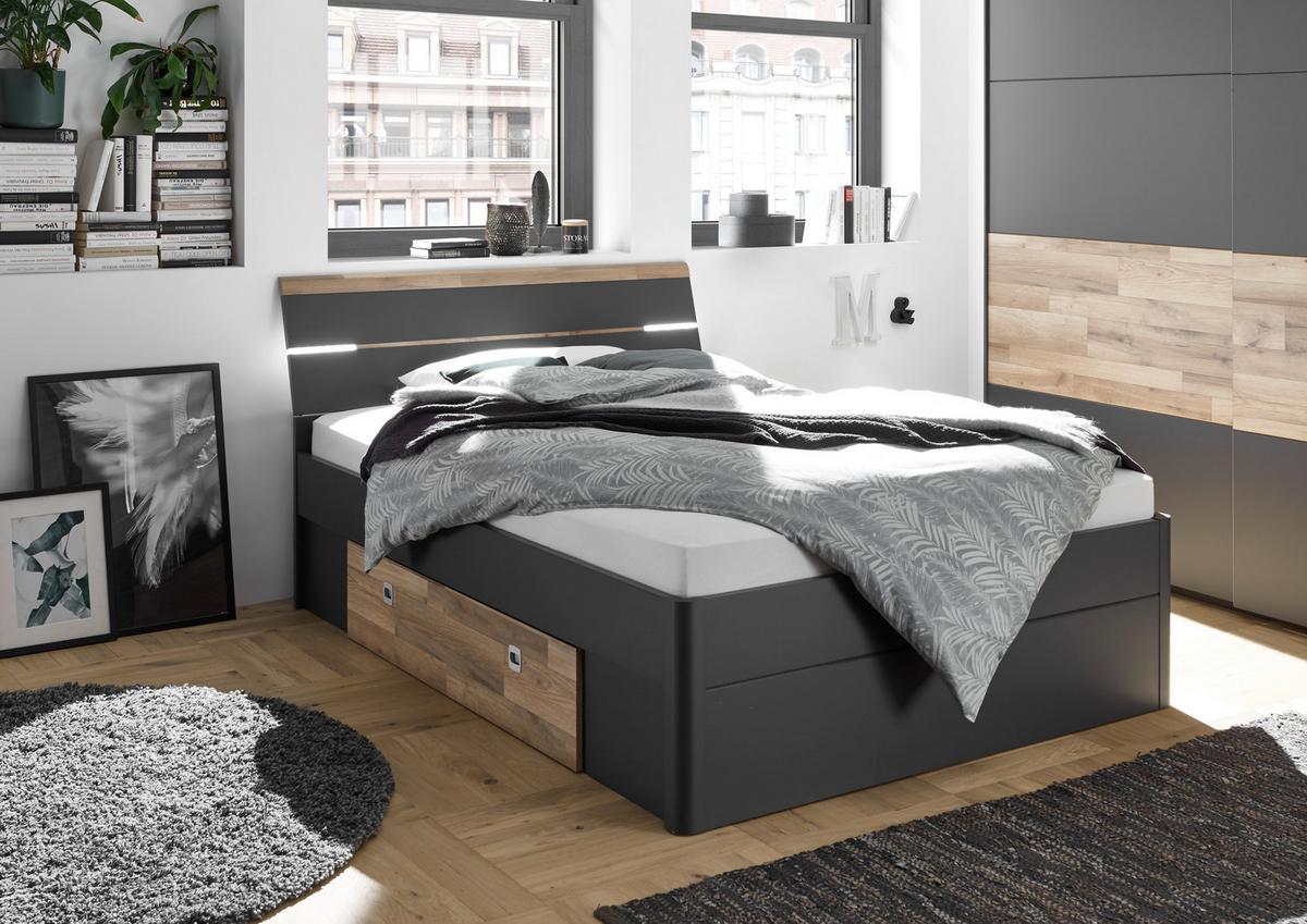 Postelja Mars, S Predali, 180x200 - črna/barve hrasta, Konvencionalno, umetna masa/leseni material (180/200cm) - MID.YOU