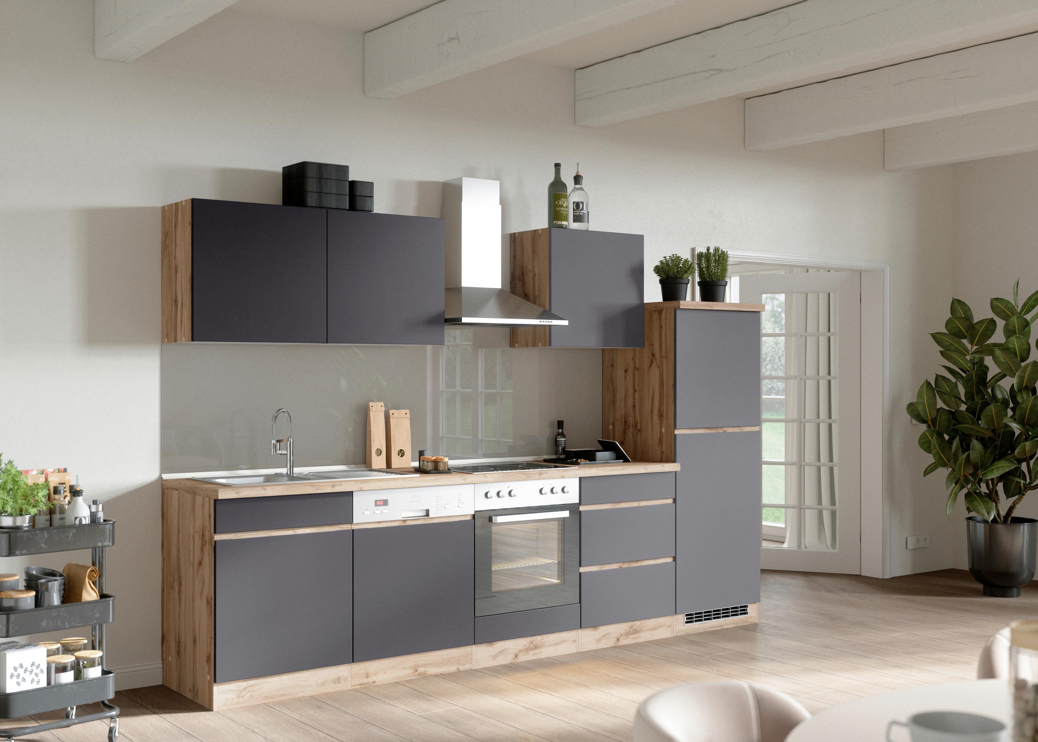 Küchenblock Turin mit Geräten ca. 300 cm Grau/Eiche - Eiche Wotan/Grau, Design, Holzwerkstoff (300cm) - Held