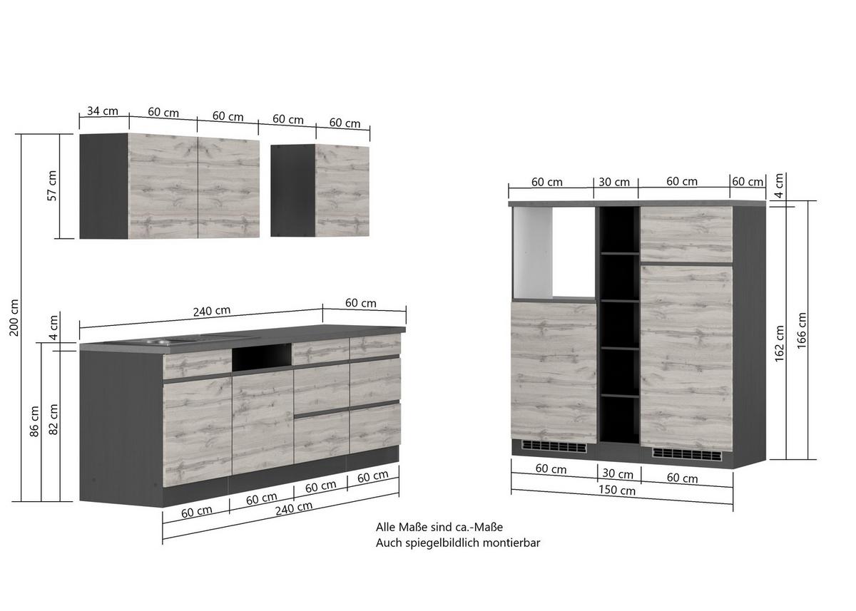 Küchenblock Turin o. Geräte ca. 390 cm Graphit/Eiche - Eiche Wotan/Graphitfarben, Design, Holzwerkstoff (390cm) - Held