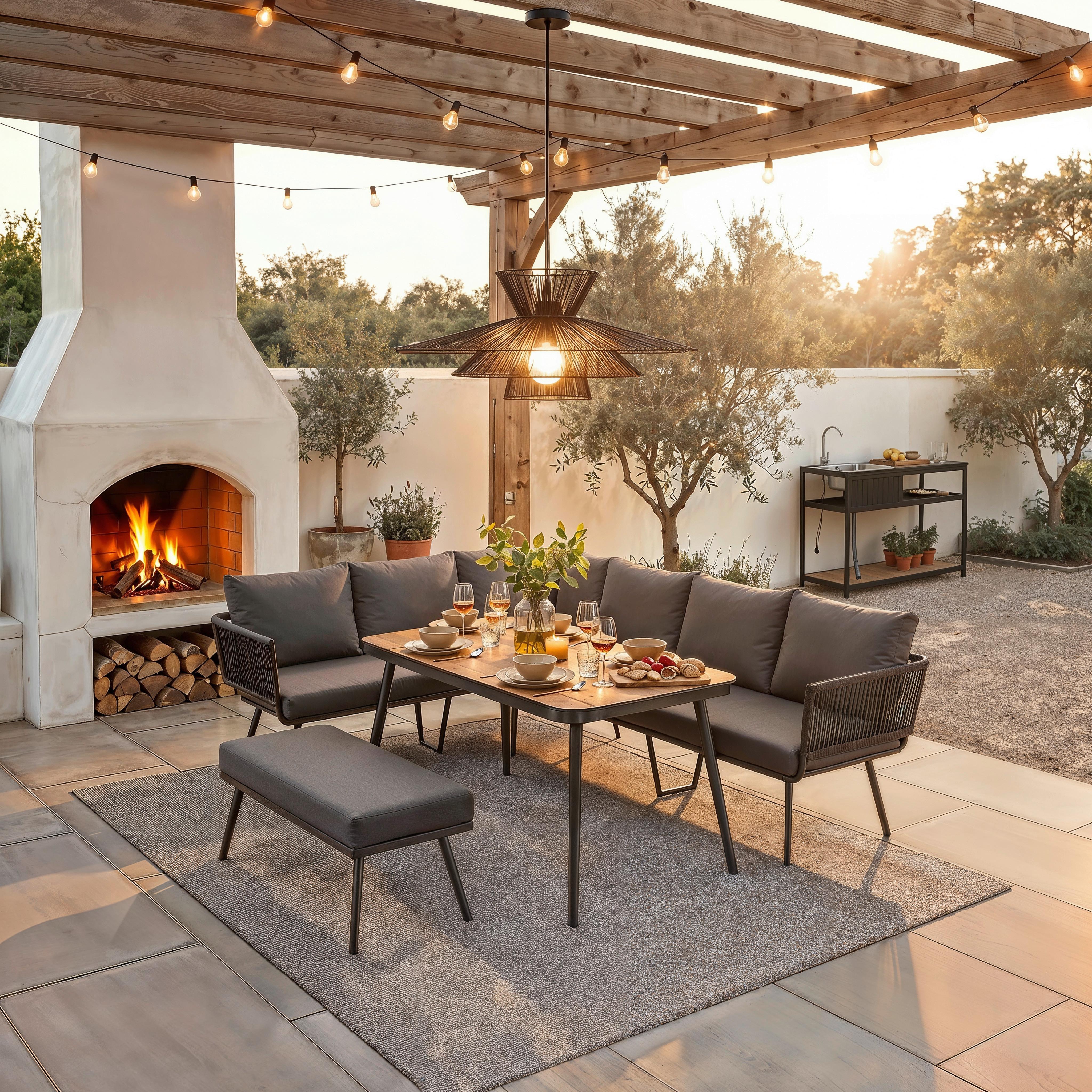 Dining-Loungeset Camea Dunkelg Outdoorstof/Metall/Polywood - Dunkelgrau/Eichefarben, MODERN, Kunststoff/Textil - Bessagi Garden