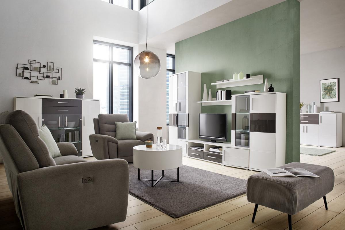 Wohnwand in Weiss/Grau Hochglanz - Weiss/Grau, Modern, Holz (296/198/50cm) - Mömax