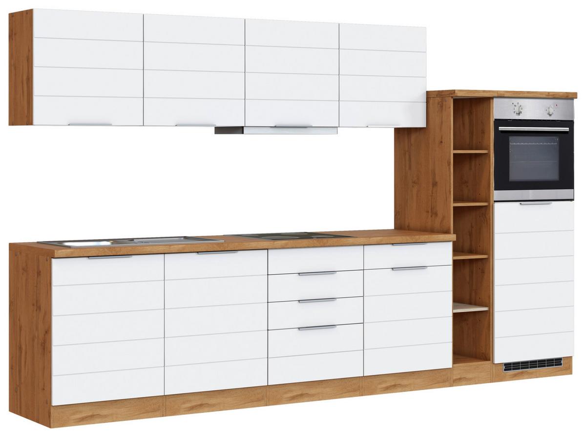 Küchenblock Florenz mit Geräten ca. 330 cm Weiß/Eiche - Eiche Wotan/Weiß, Design, Holzwerkstoff/Metall (330cm) - Held