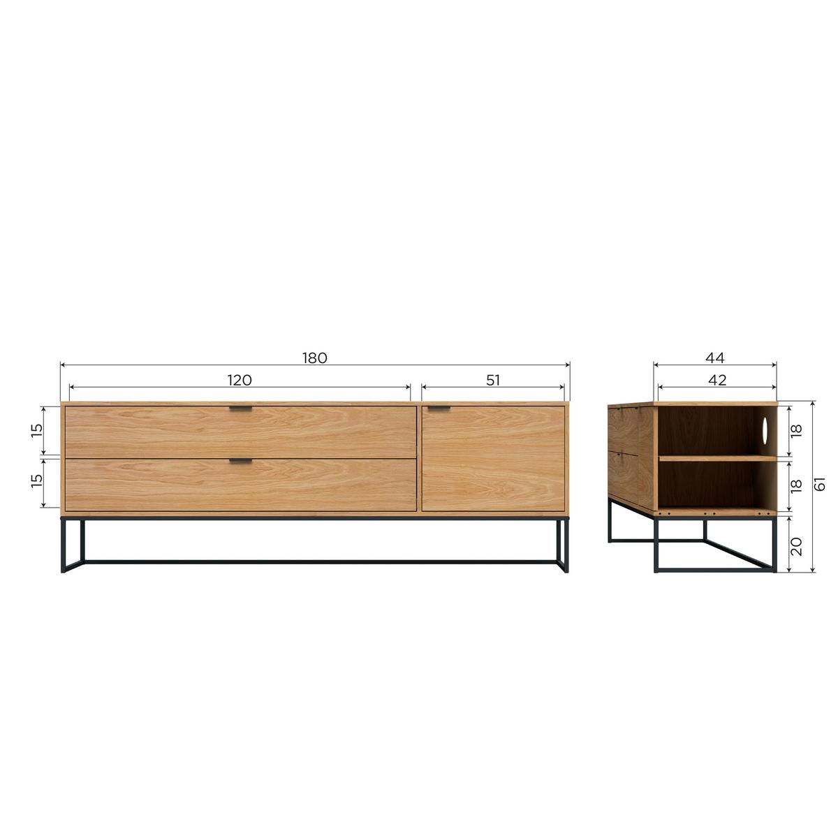 Lowboard Silas Eichefarben B: 180cm - Eichefarben/Schwarz, Design, Holz/Metall (180/61/44cm) - Livetastic