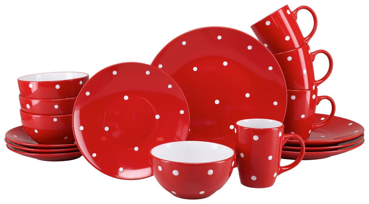 Kombinirani Servis Polka Dots, 16-Delni - rdeča/bela, Basics, keramika - Creatable