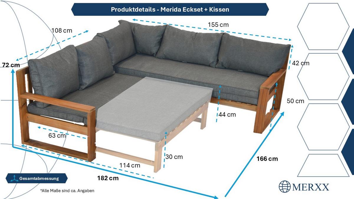 Loungegarnitur Merida Grau/Naturfarben - Naturfarben/Grau, MODERN, Holz (182/166/72cm) - Gardenson