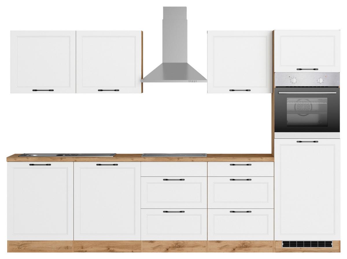 Küchenzeile Meran mit Geräten ca. 300 cm Weiß/Eiche Dekor - Eiche Wotan/Schwarz, LIFESTYLE, Holzwerkstoff/Metall (300cm) - Held