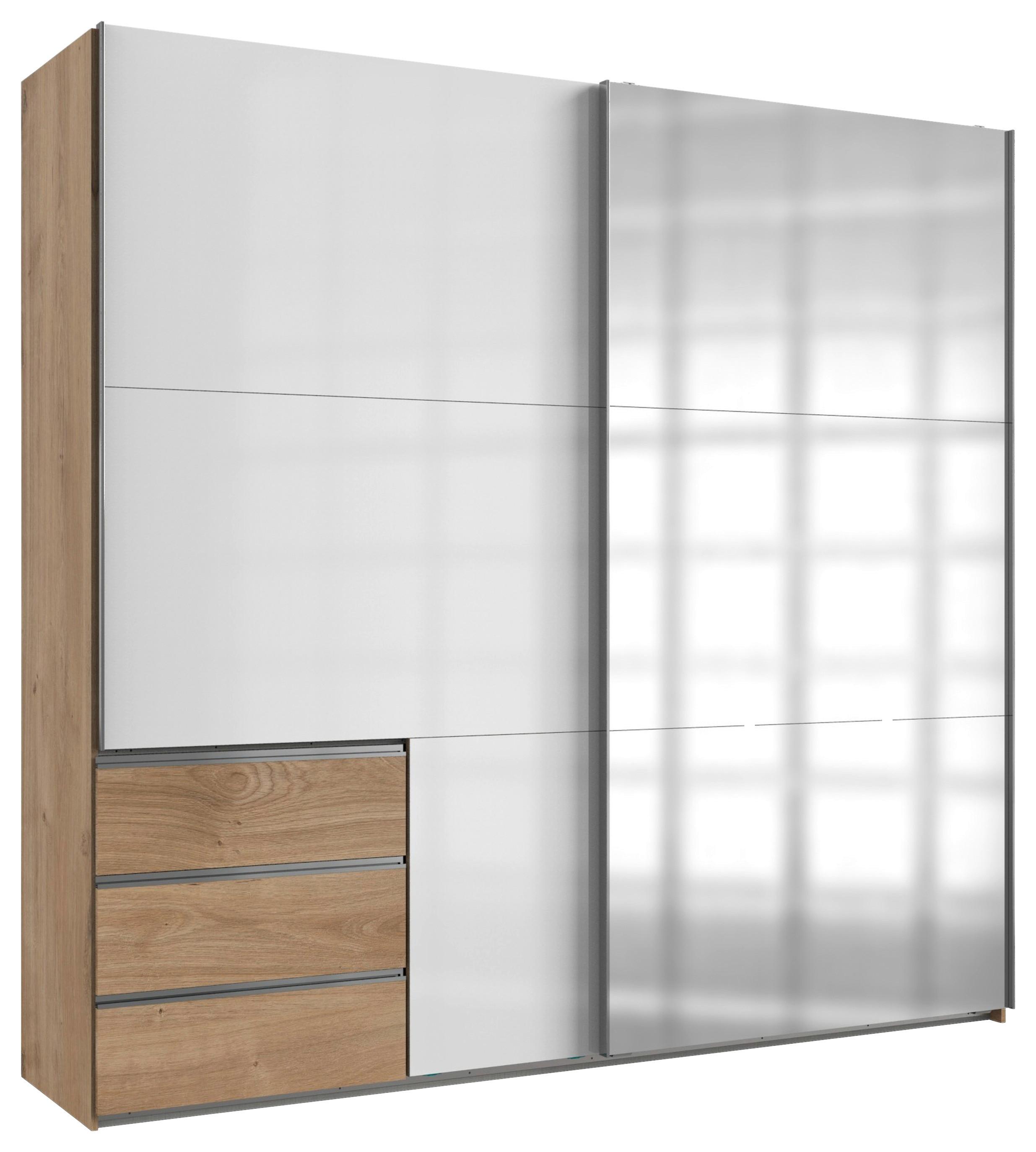 Schwebetürenschrank Level 36D ca. 250 cm Weiß/Eiche Dekor - Chromfarben/Weiß Hochglanz, MODERN, Holzwerkstoff/Metall (250/236/65cm) - MID.YOU