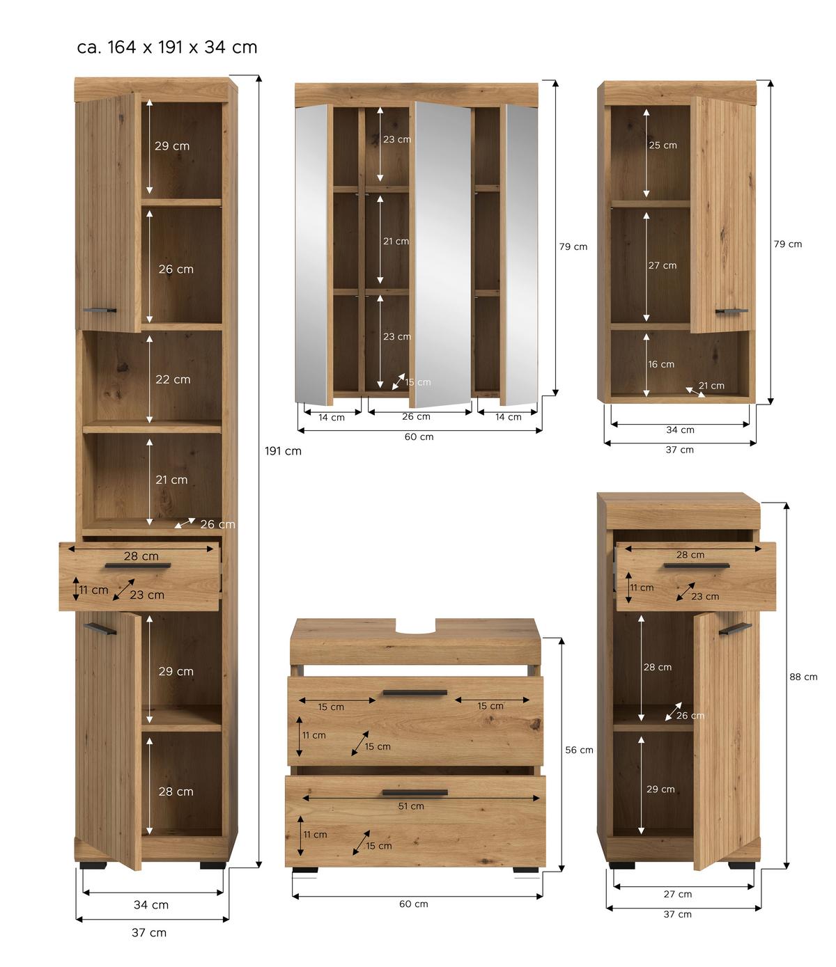 Badezimmer Scout Eiche Artisan 5-teilig - Schwarz/Eiche Artisan, Trend, Glas/Holzwerkstoff (134cm) - MID.YOU
