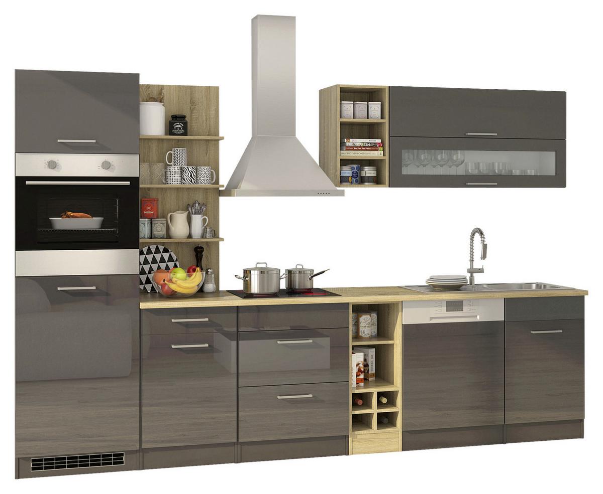 Küchenblock in Anthrazit inkl. E-Geräte 'Mailand' - Chromfarben/Eichefarben, MODERN, Holzwerkstoff/Metall (310cm) - Held