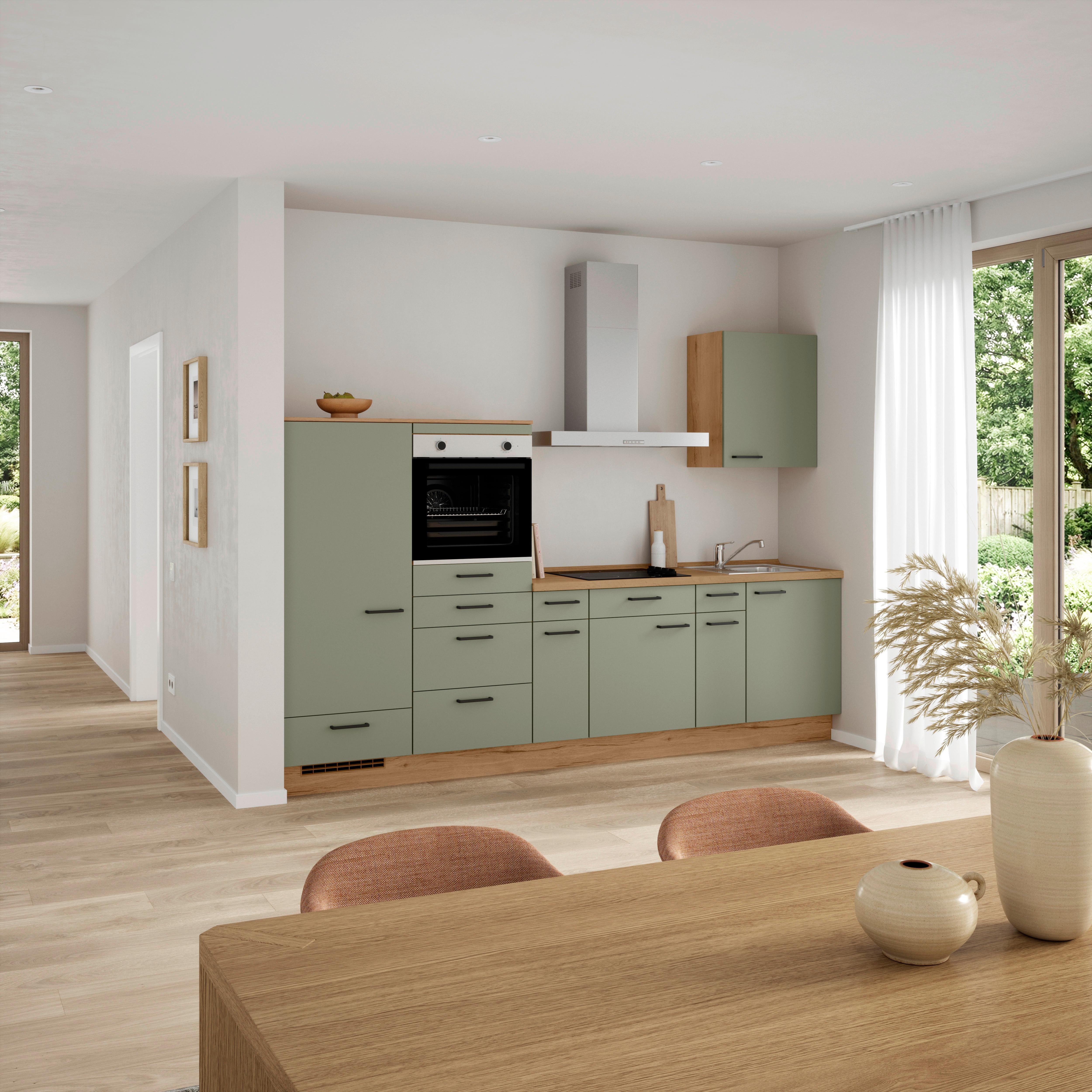 Küchenblock Senso Low m. Geräten Olivgrün - Eichefarben/Schwarz, MODERN, Holzwerkstoff/Metall (300cm) - Nobilia
