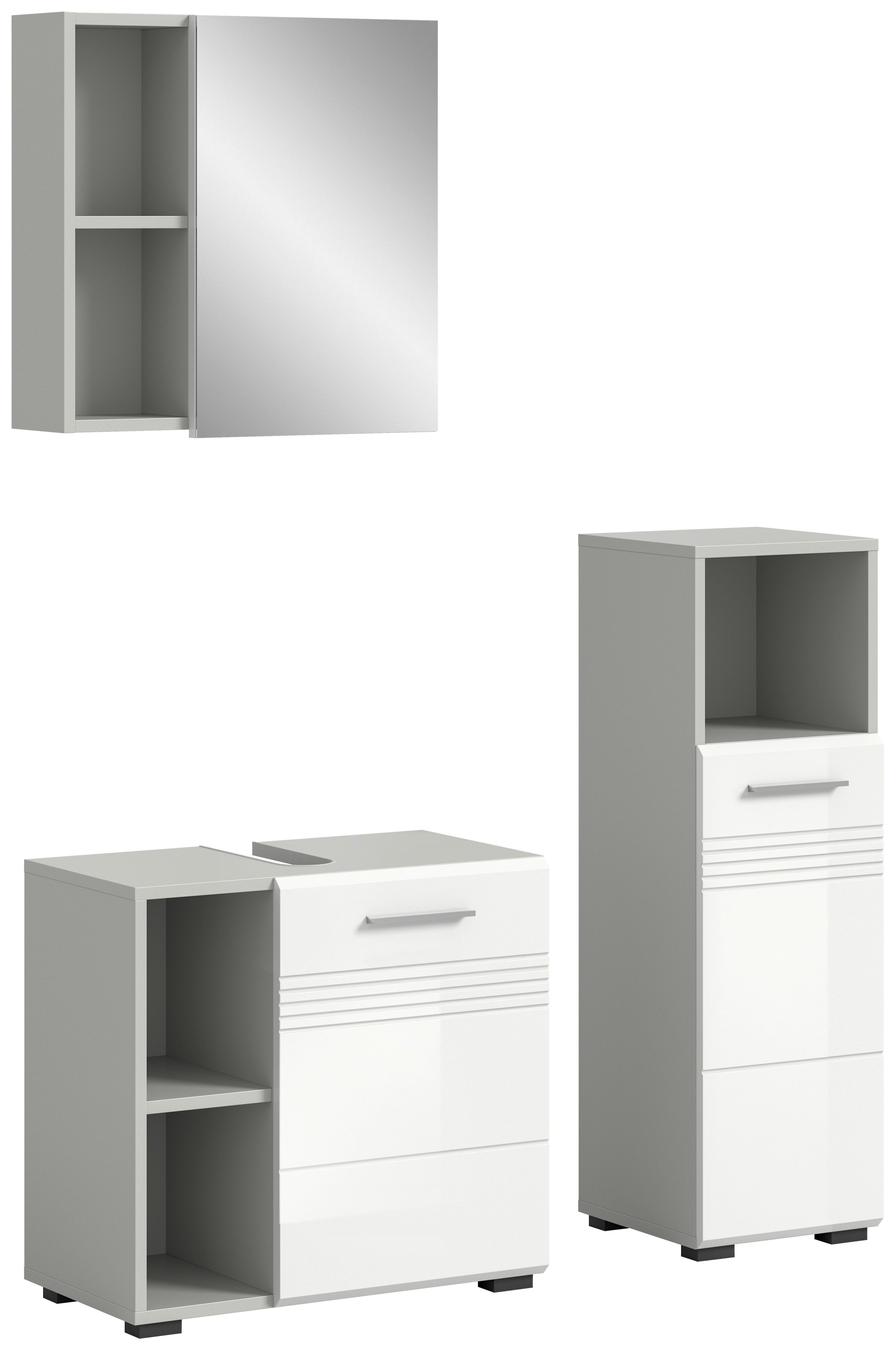 Badezimmer-Set COPA 3-teilig, Grau/Weiß Hochglanz - Chromfarben/Weiß Hochglanz, MODERN, Holzwerkstoff/Kunststoff (90cm) - MID.YOU