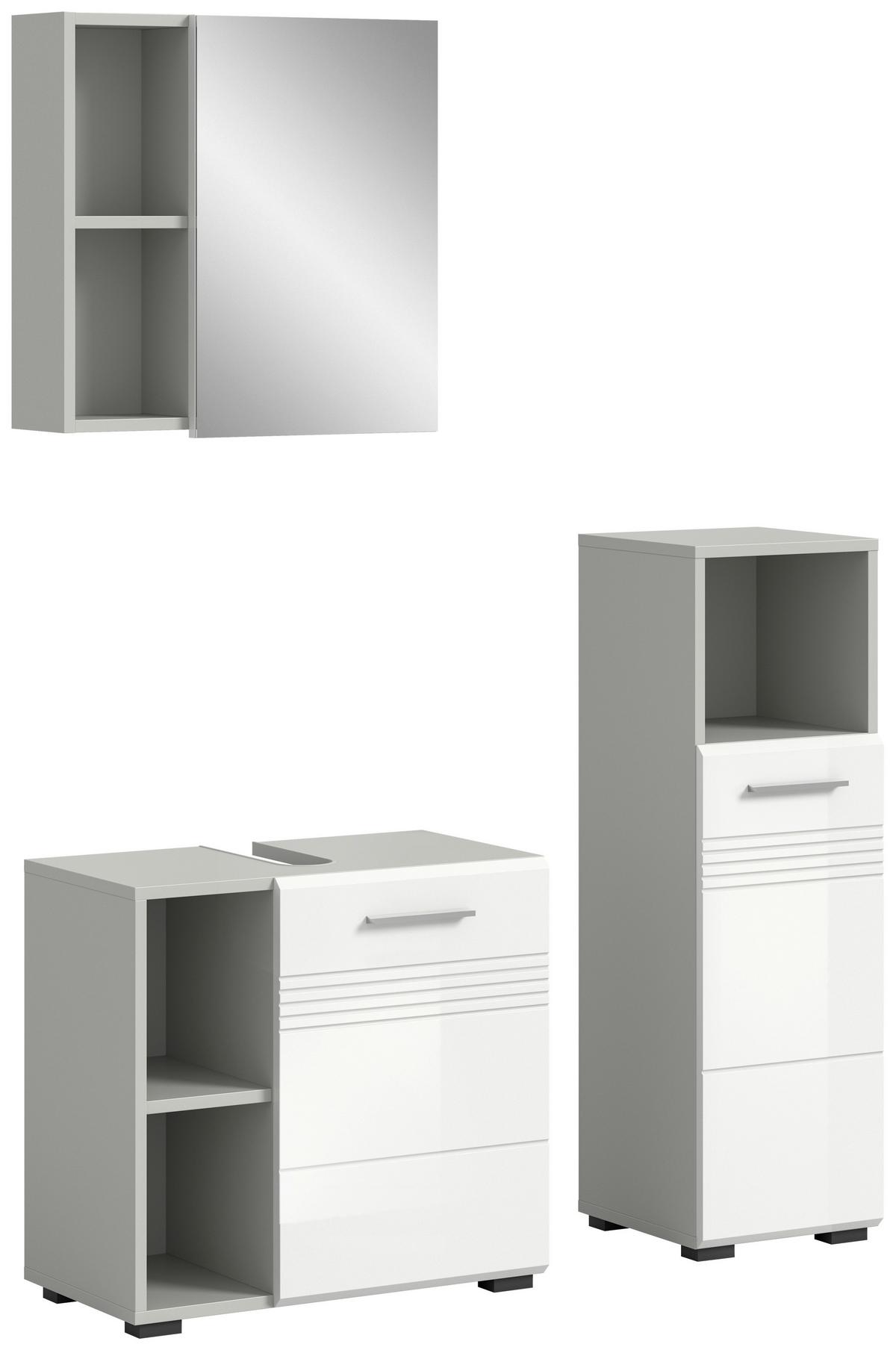 Badezimmer-Set COPA 3-teilig, Grau/Weiß Hochglanz - Chromfarben/Weiß Hochglanz, MODERN, Holzwerkstoff/Kunststoff (90cm) - MID.YOU