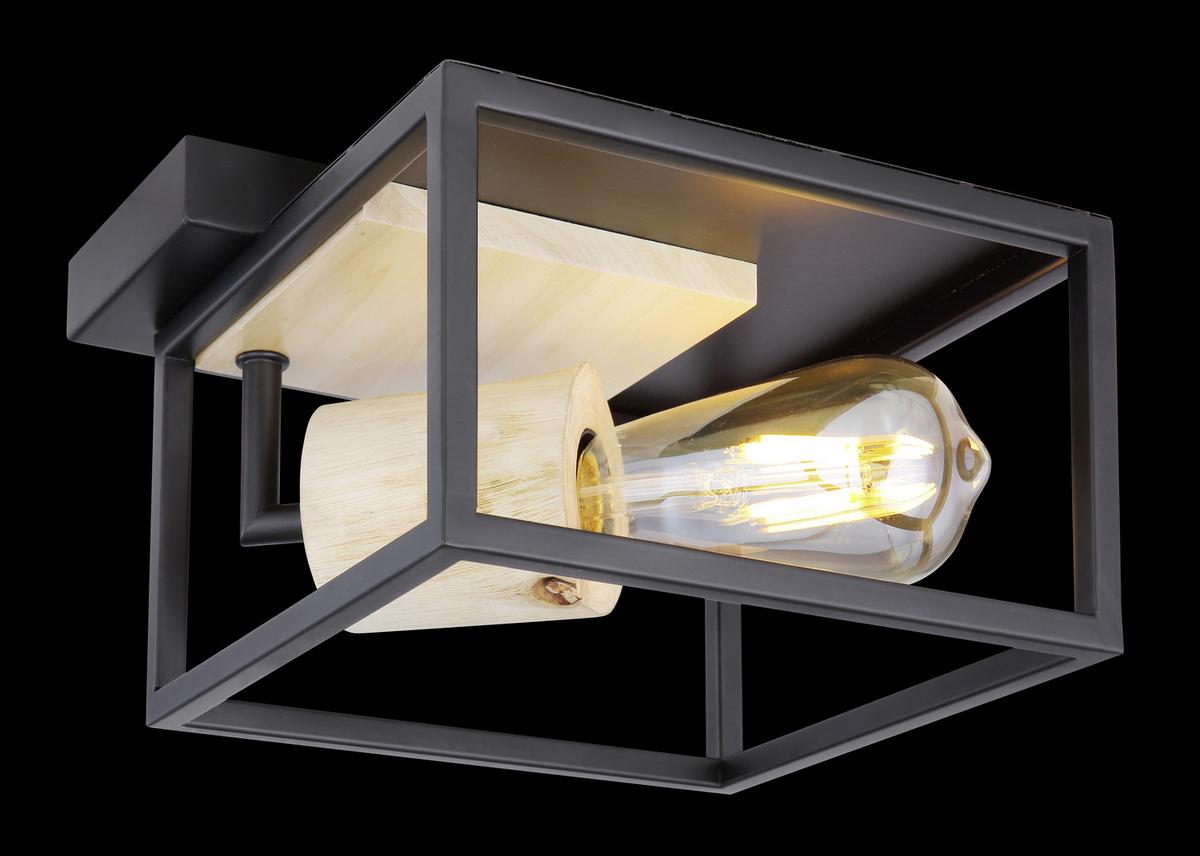 Deckenleuchte 15477 D in Schwarz max. 60 Watt - Schwarz/Naturfarben, Natur, Holz/Metall (22/22/14,5cm) - Globo