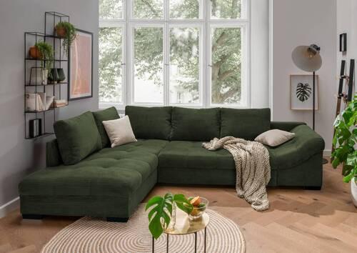 Wohnlandschaft Alvito Dunkelgrün Cord - Dunkelgrün/Beige, Design, Holz/Textil (202/298cm) - MID.YOU