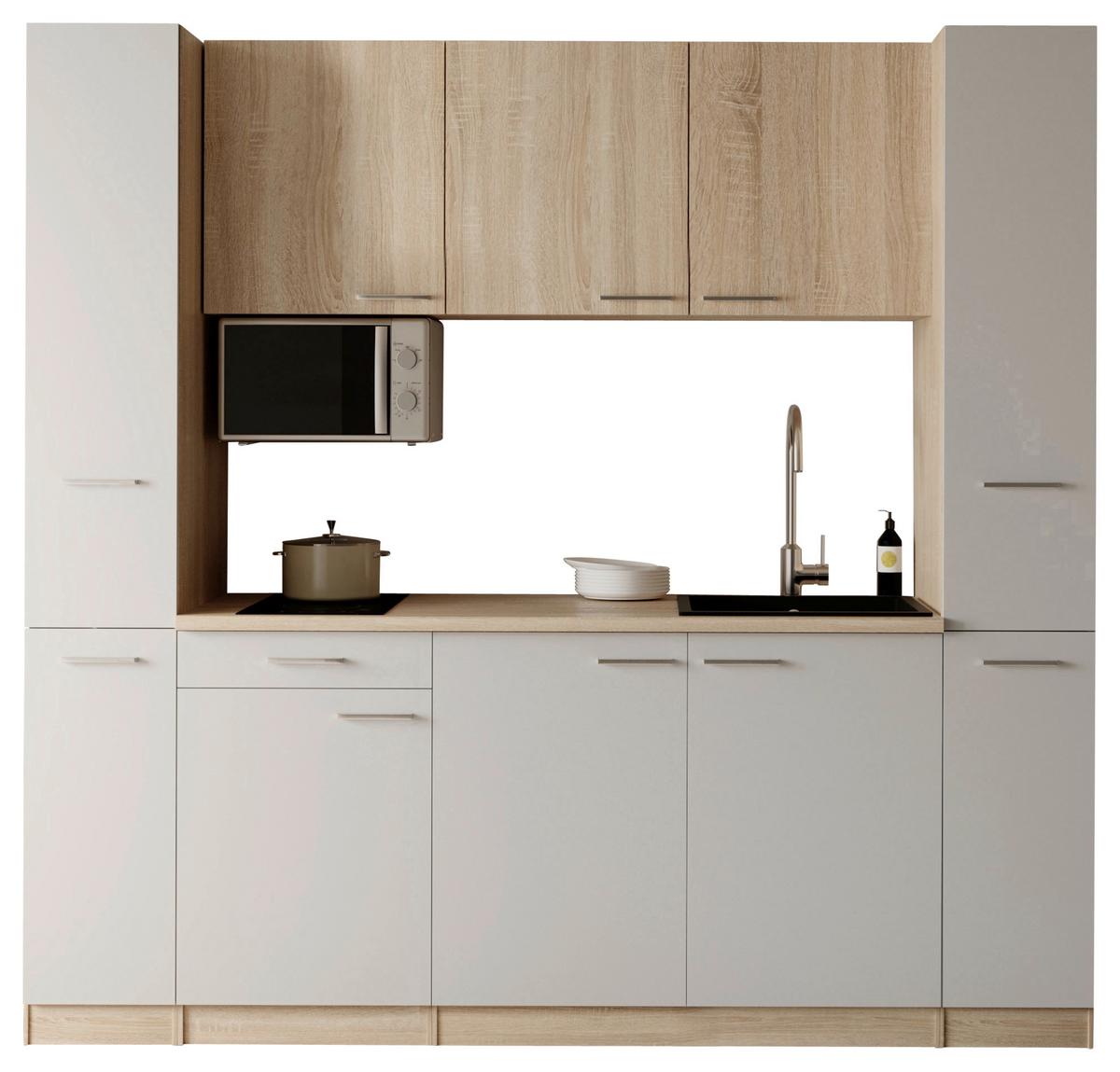 Küchenblock Ingrid m. Geräten Weiß - Eichefarben/Alufarben, Design, Holzwerkstoff/Kunststoff (210cm) - Respekta